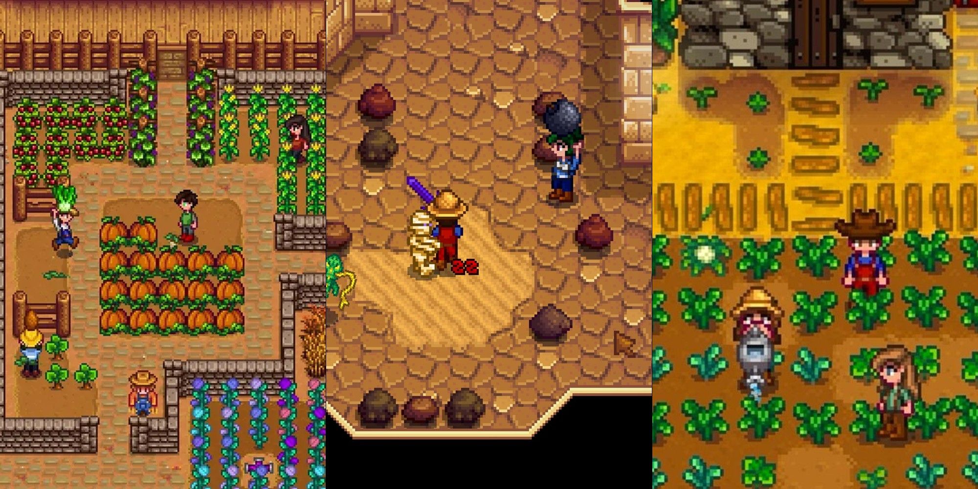 A split image featuring players participating in Stardew Valley's multiplayer