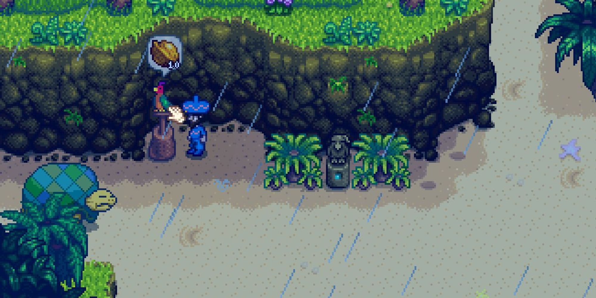 Stardew Valley-Spieler auf Ginger Island neben Papagei und Schildkröte