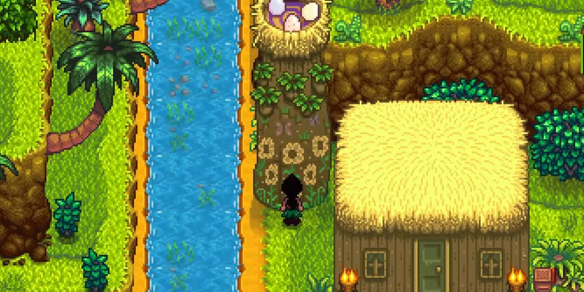 Stardew Valley-Spieler steht neben dem Farmobelisken