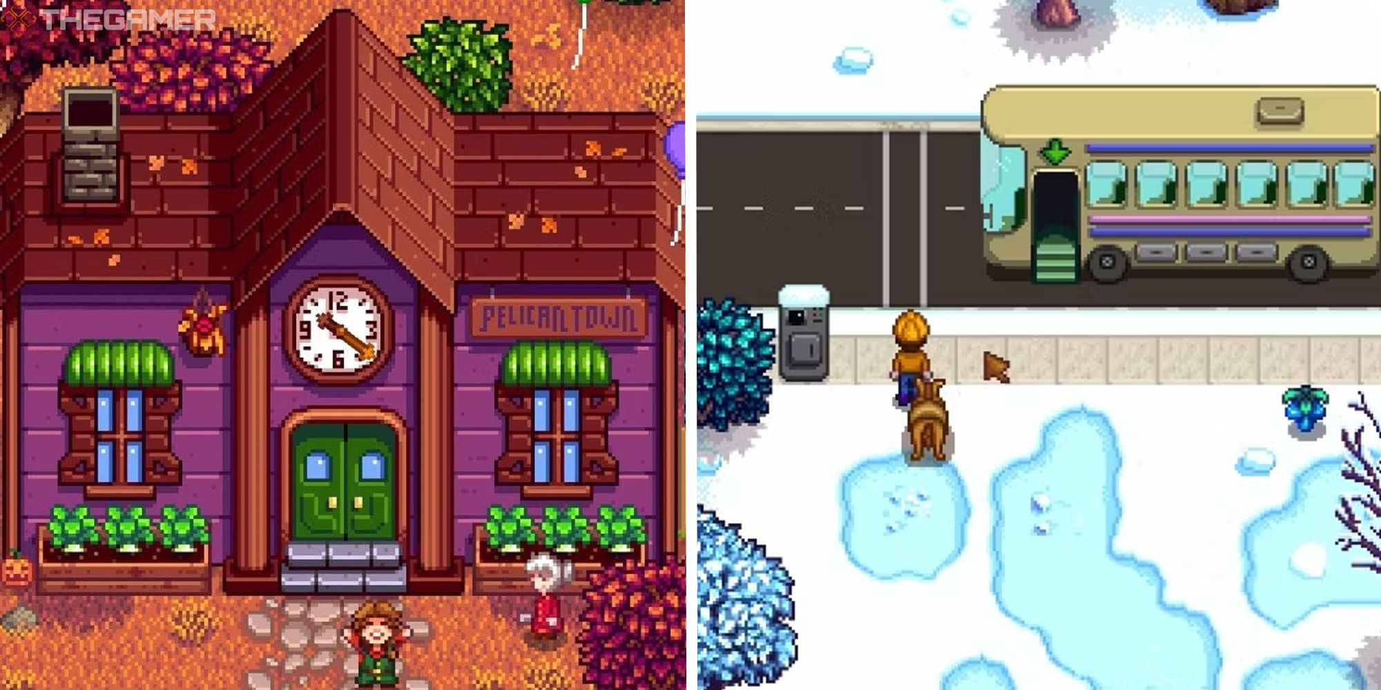 stardew valley split image showing community center completed next to image of player and horse at bus stop