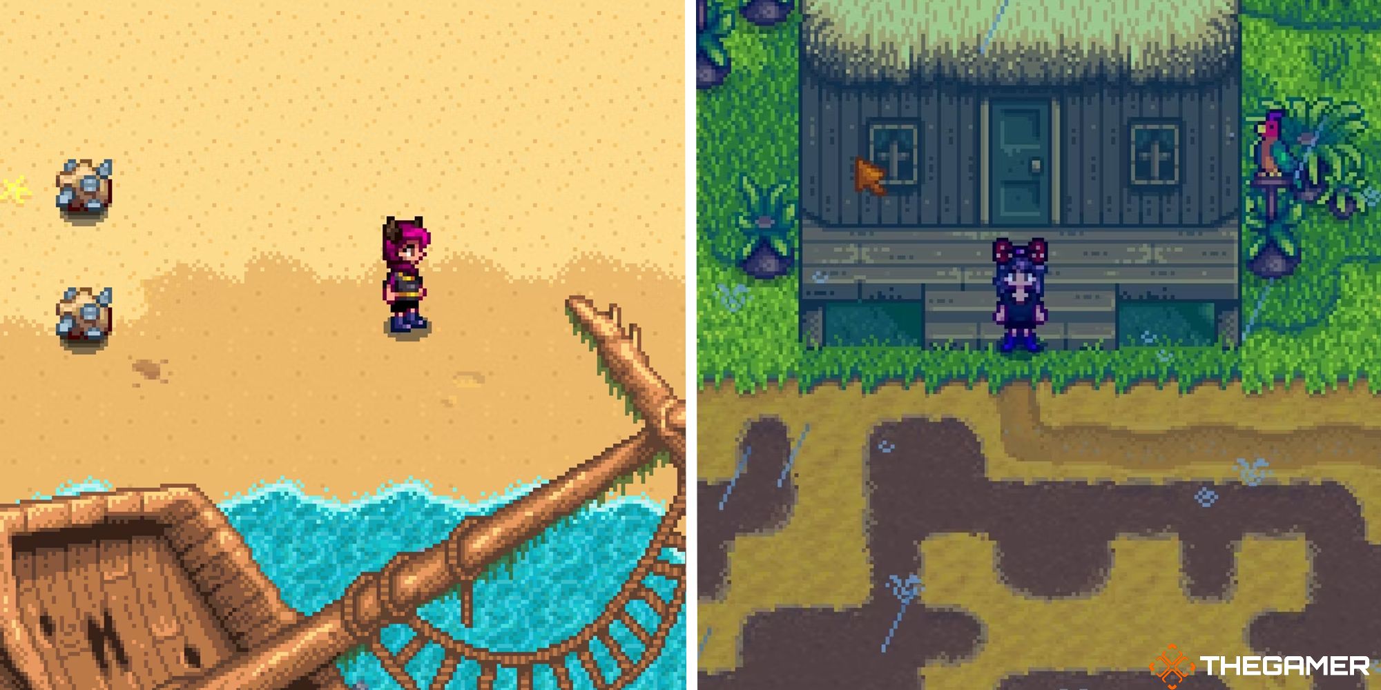 stardew valley split image showing player on beach near shipwreck next to image of player in front of farmhouse