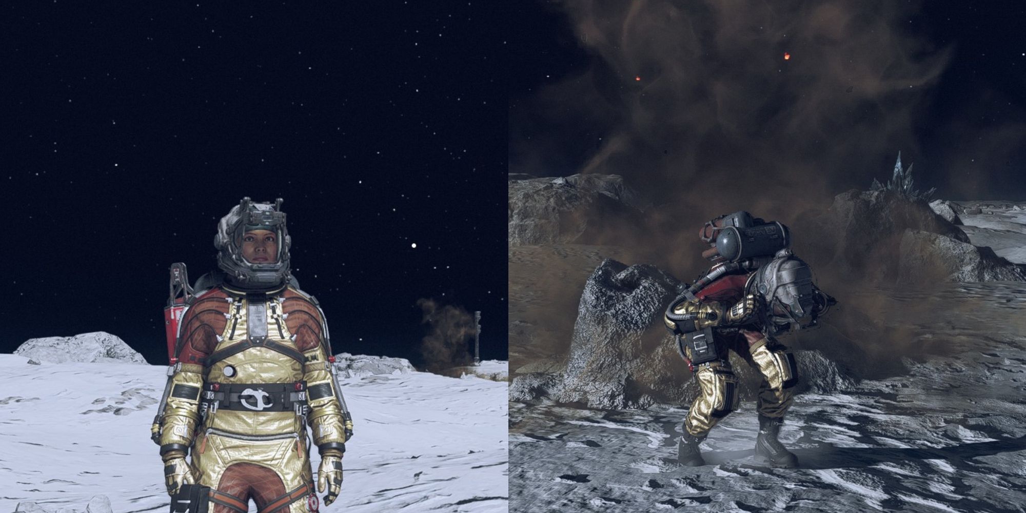 Starfield Player On Snowy Planet and Player Cowering In Gas Cloud