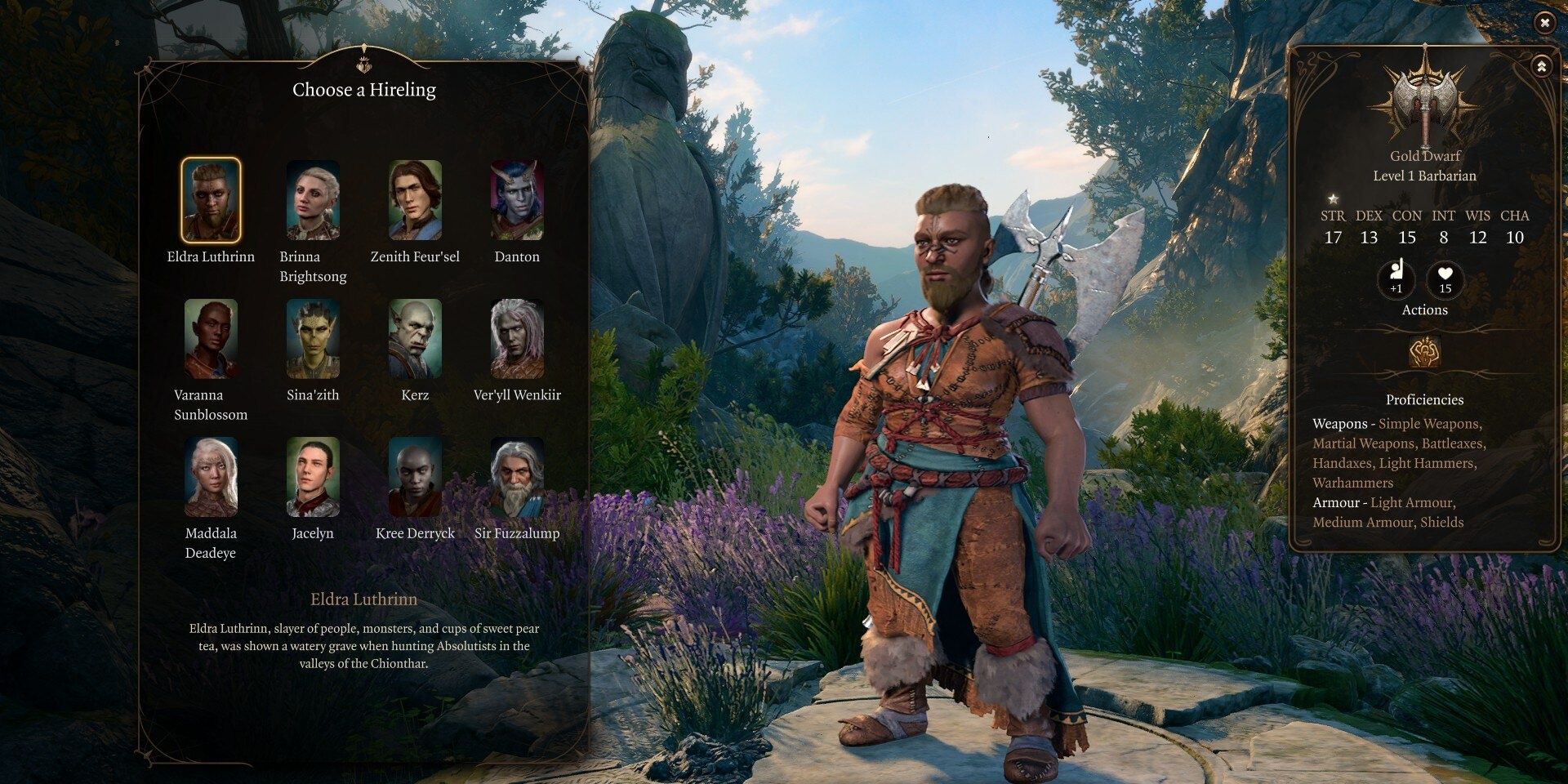 Eldra Luthrinn in the hireling selection menu in baldur&rsquo;s gate 3