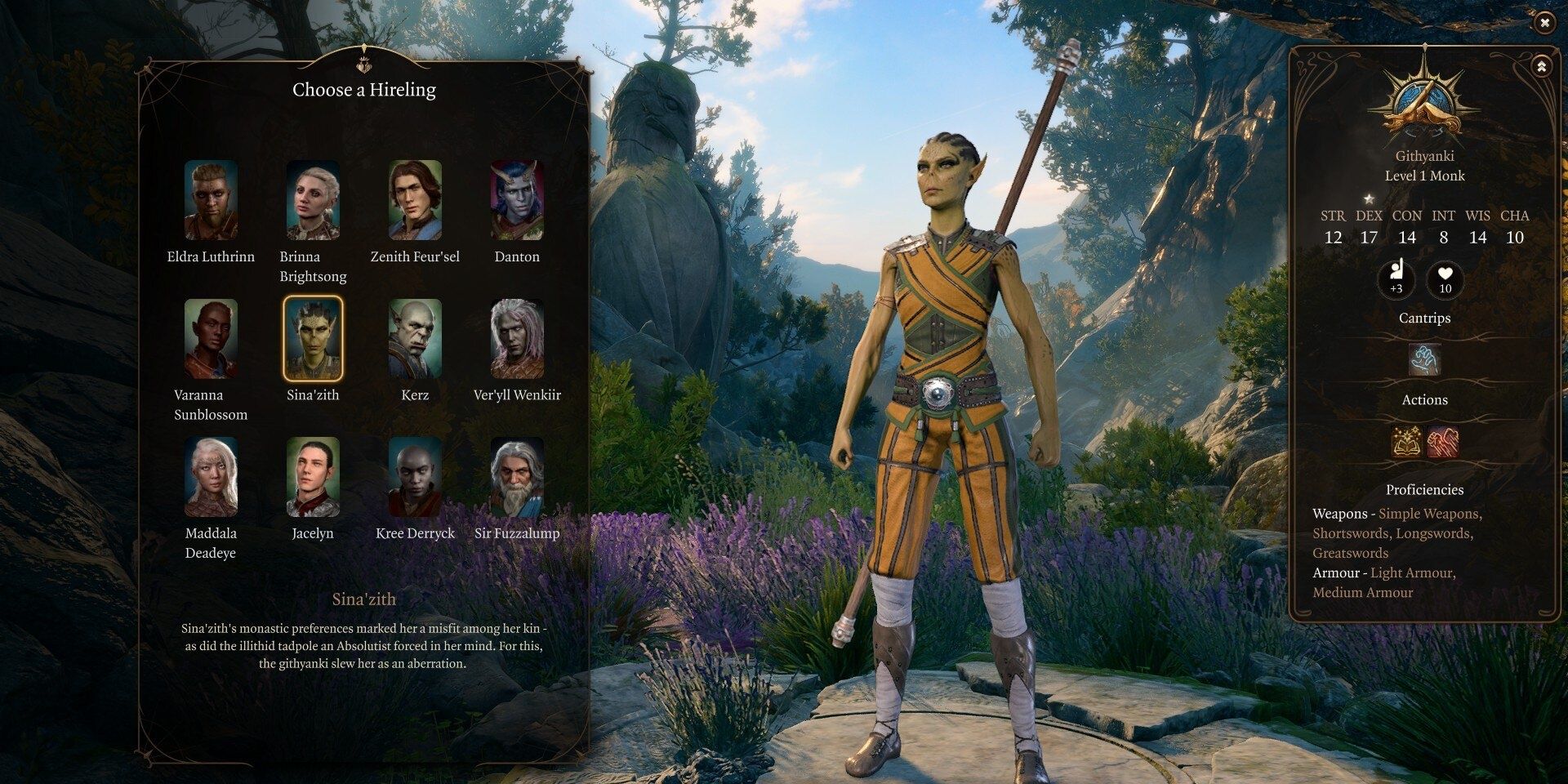 Sina&rsquo;zith in the hireling selection menu in baldur&rsquo;s gate 3