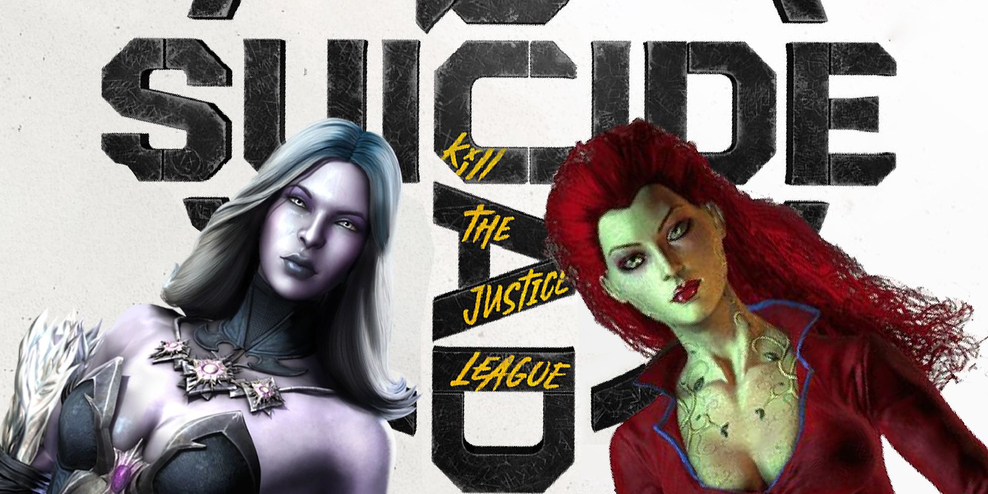 Suicide Squad Kill the Justice League logo with Injustice Killer Frost and Arkham Knight Poison Ivy instead of Deadshot and Boomerang