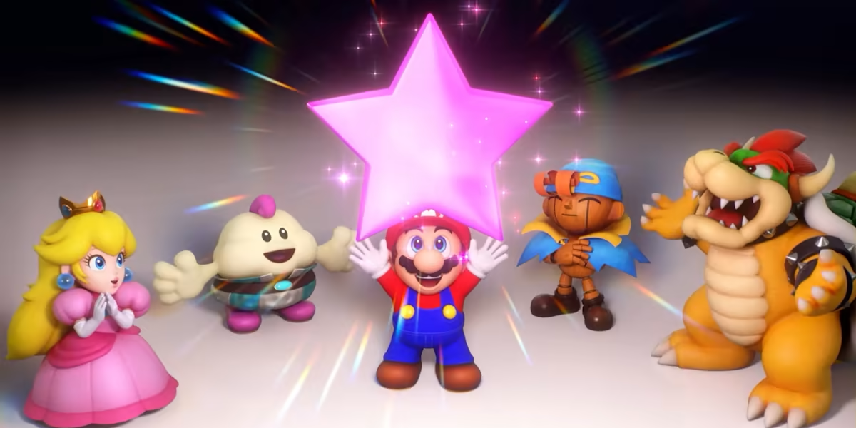 The cast of Super Mario RPG surrounds the titular character 