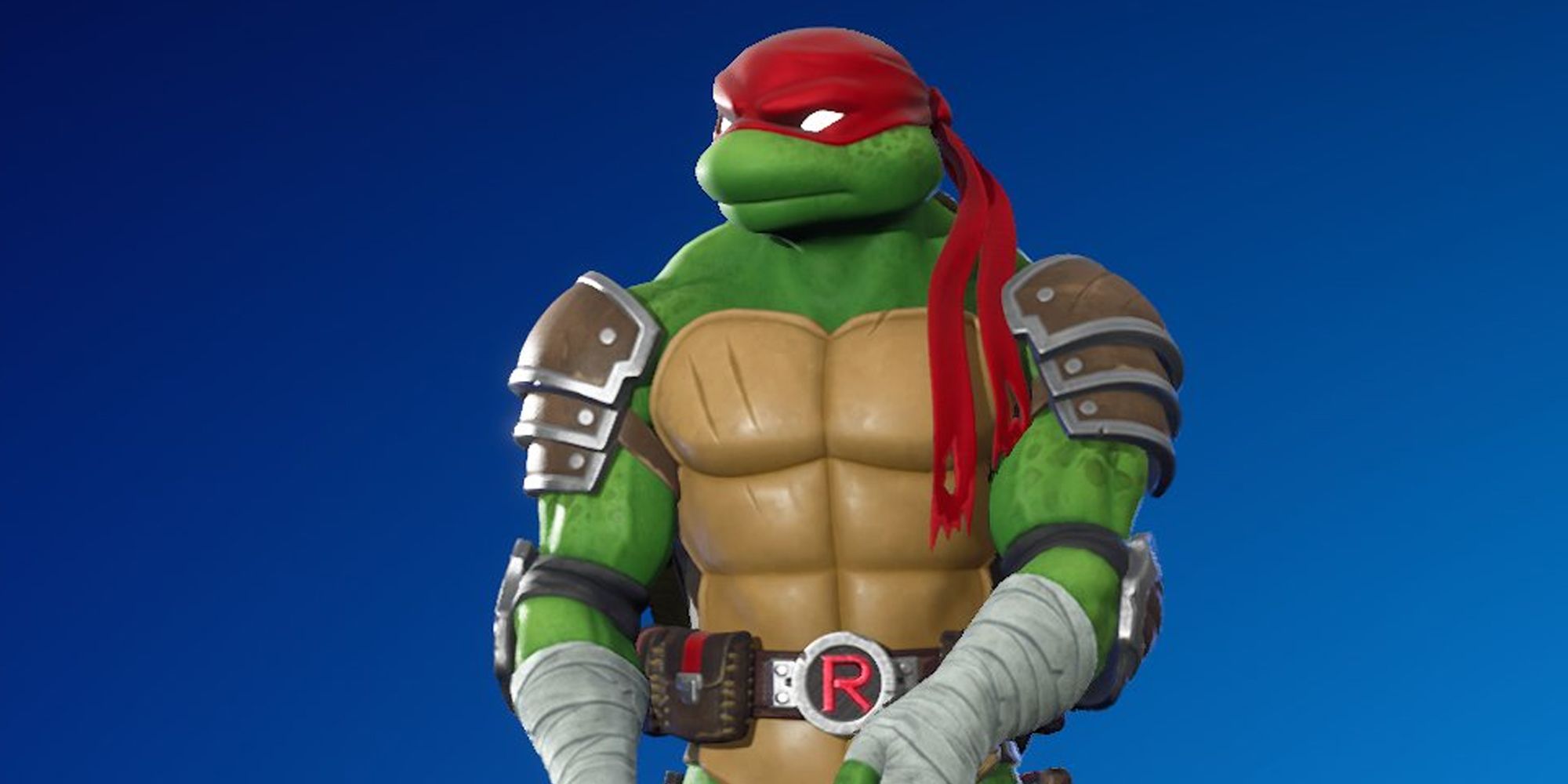 Teenage Mutant Ninja Turtle Raphael in Fortnite over a blue background with shoulder pads and bandaged arms