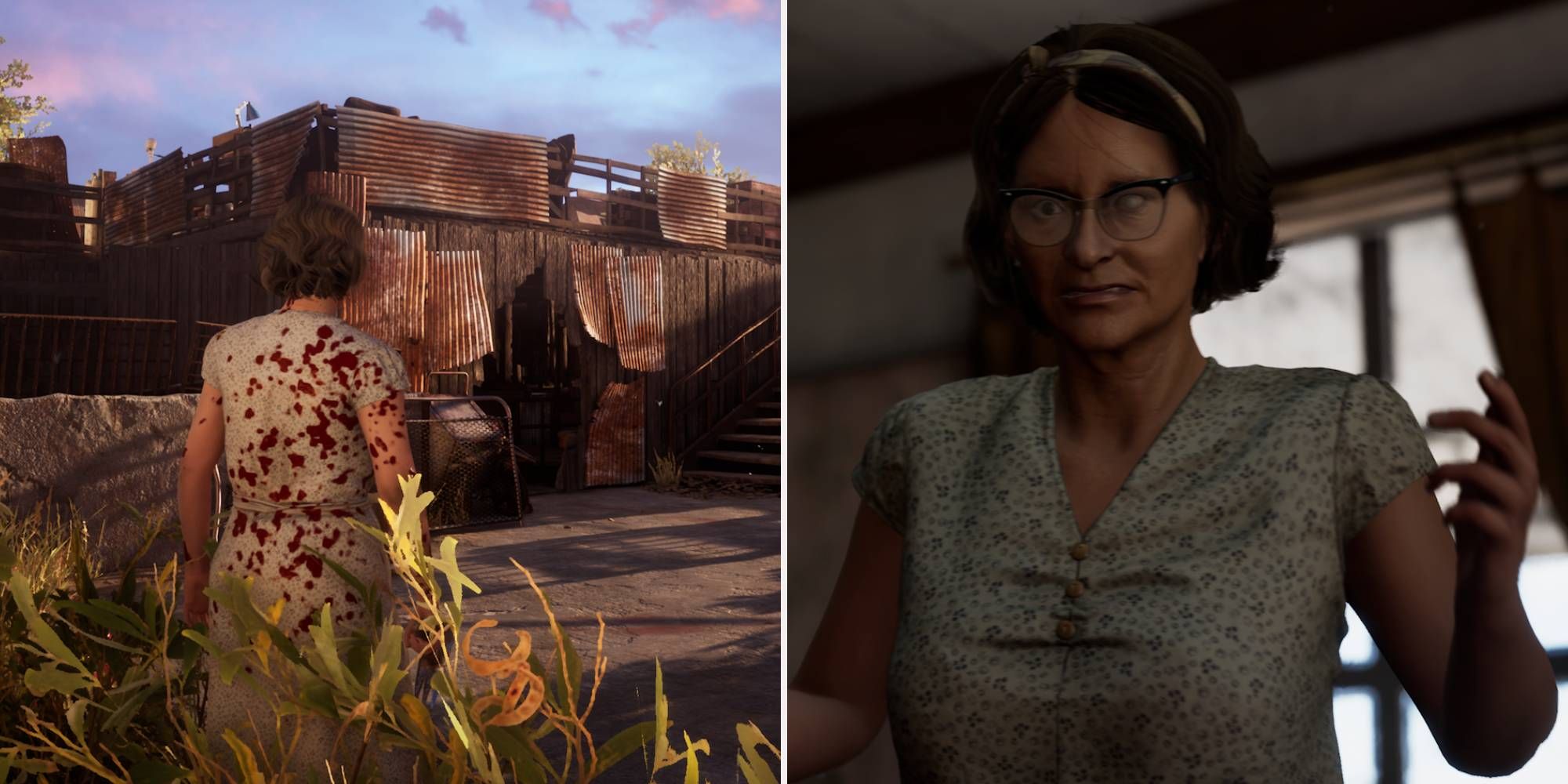 Left, a bloody Nancy standing and looking at a shack. Right, the vicious Nancy preparing for a fight.