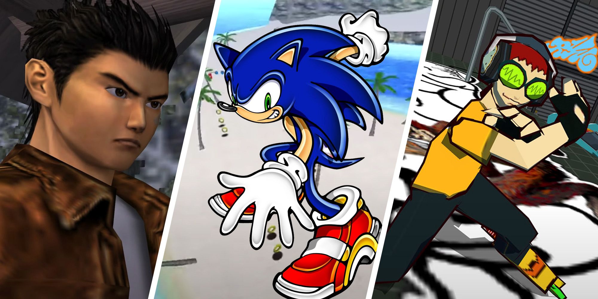 The Best Dreamcast Games Of All Time - Split image of Shenmue, Sonic Adventure, and Jet Set Radio