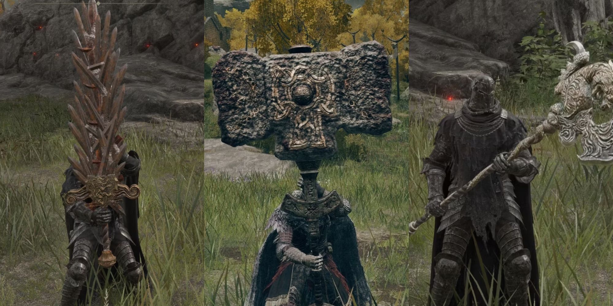 A split image of the Grafted Greatsword, Giant Crusher, and Dragon's Halberd in Elden Ring.