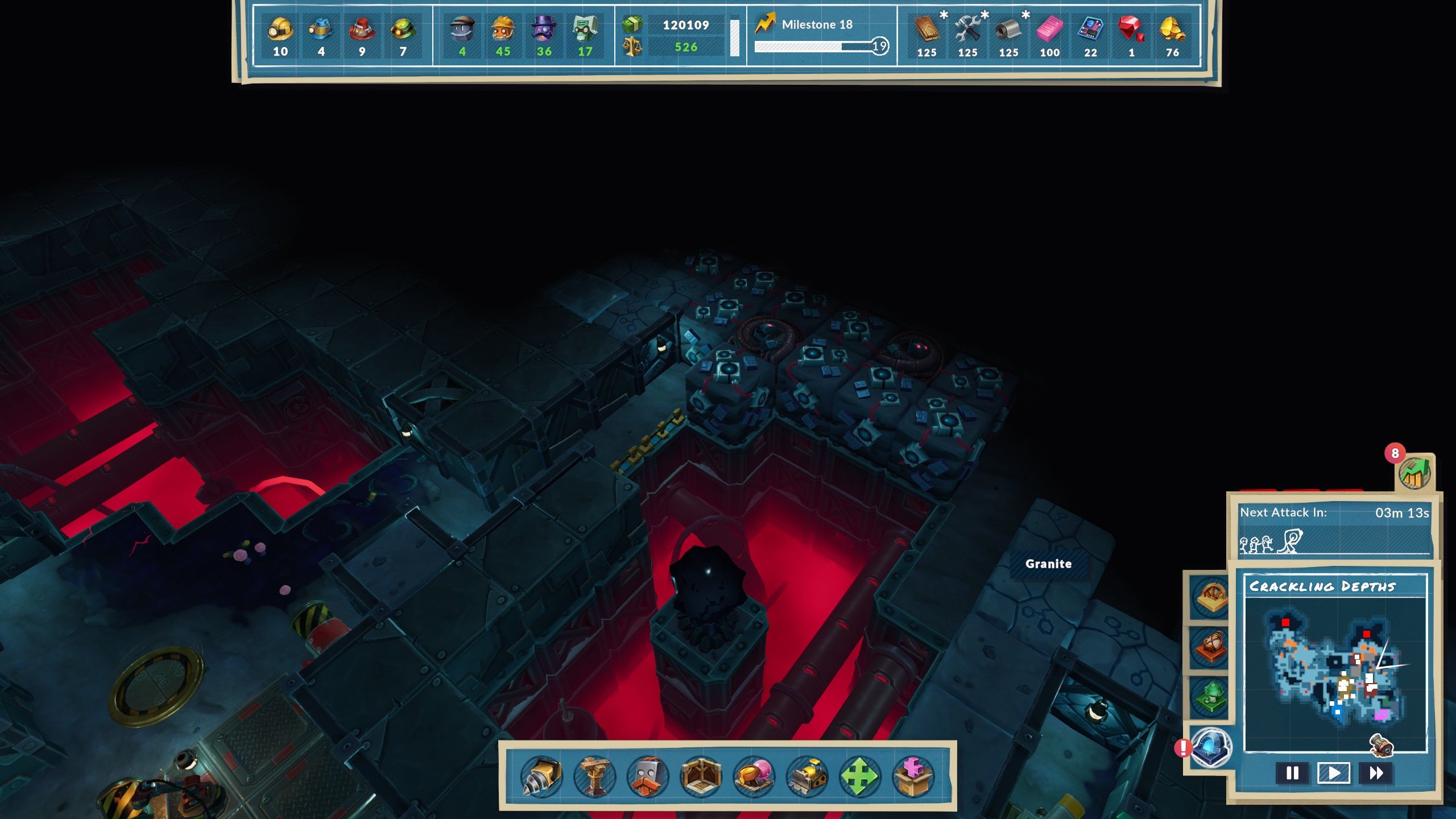 An oil well sits in the middle of a red-lit pit. North of it are Vectron Scrap parts and enemy blocks