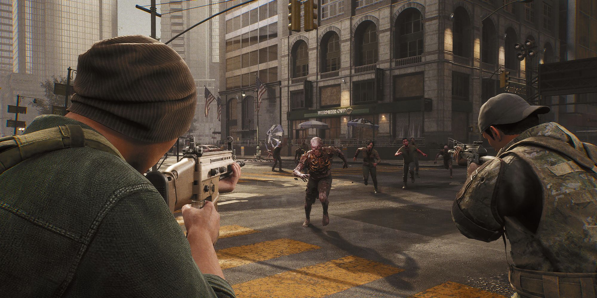 The Day Before players shooting zombies in a third-person view on a junction in a city surrounded by skyscrapers