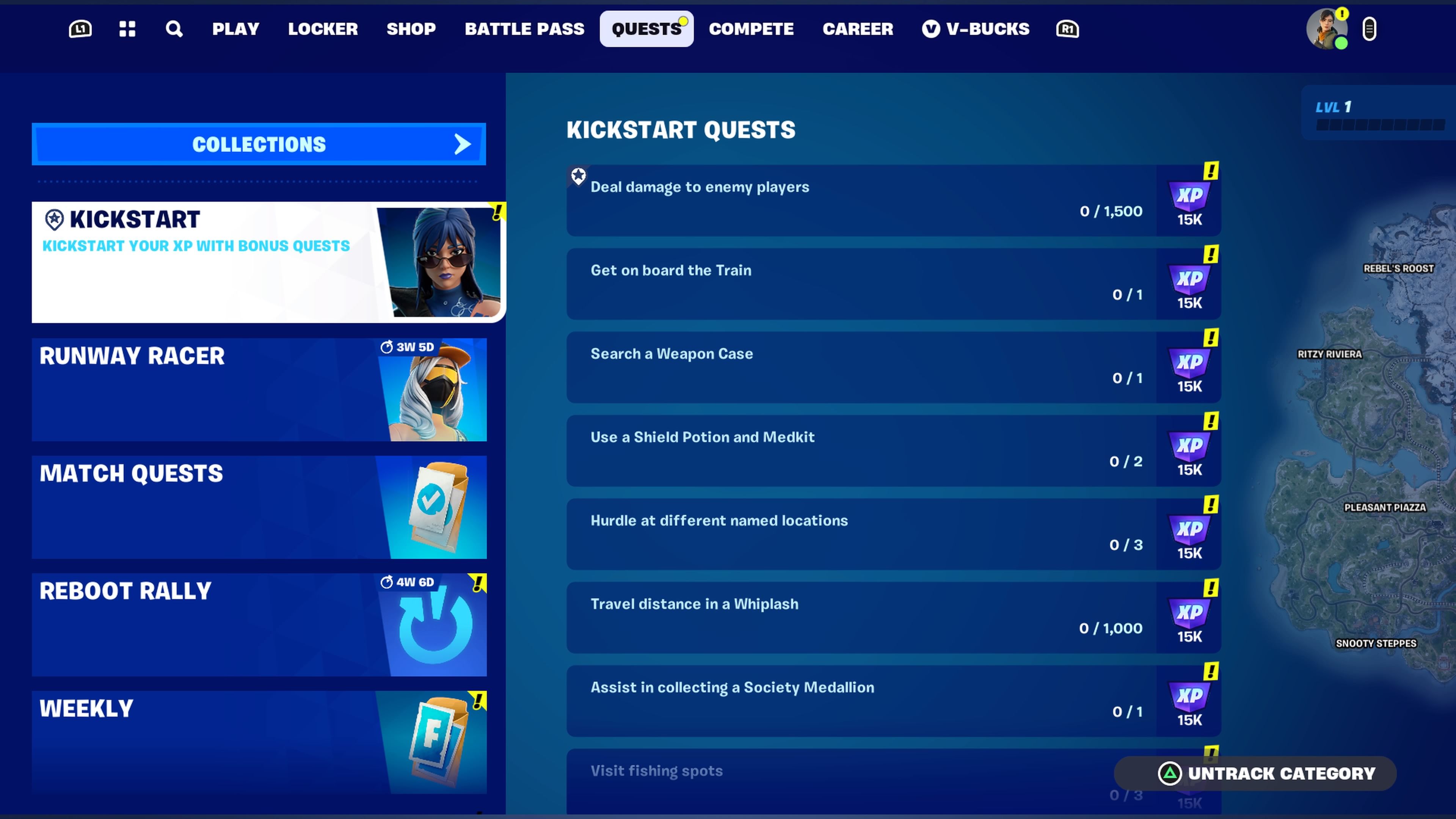 The Fortnite menu showing a list of all the Kickstart quests.