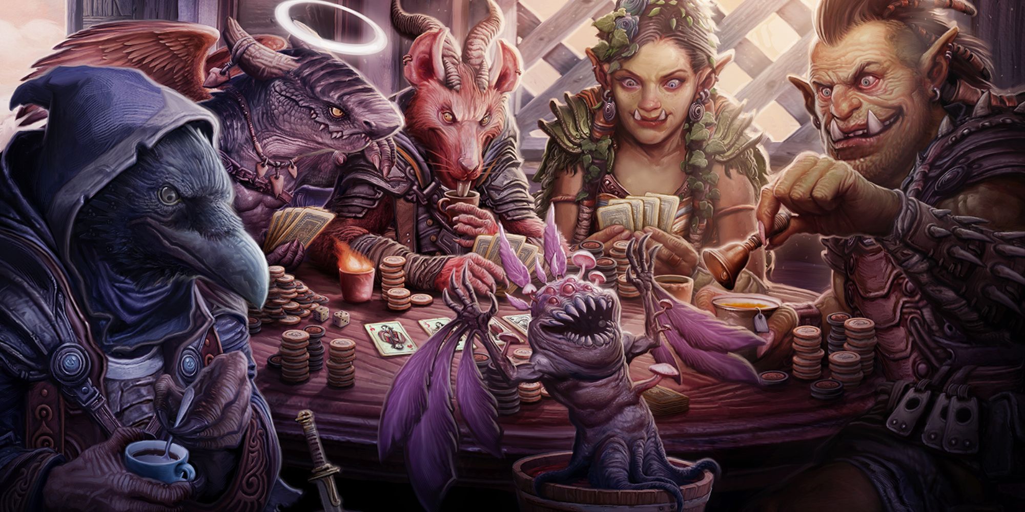 A group of pathfinders gamble over cards in a seedy bar