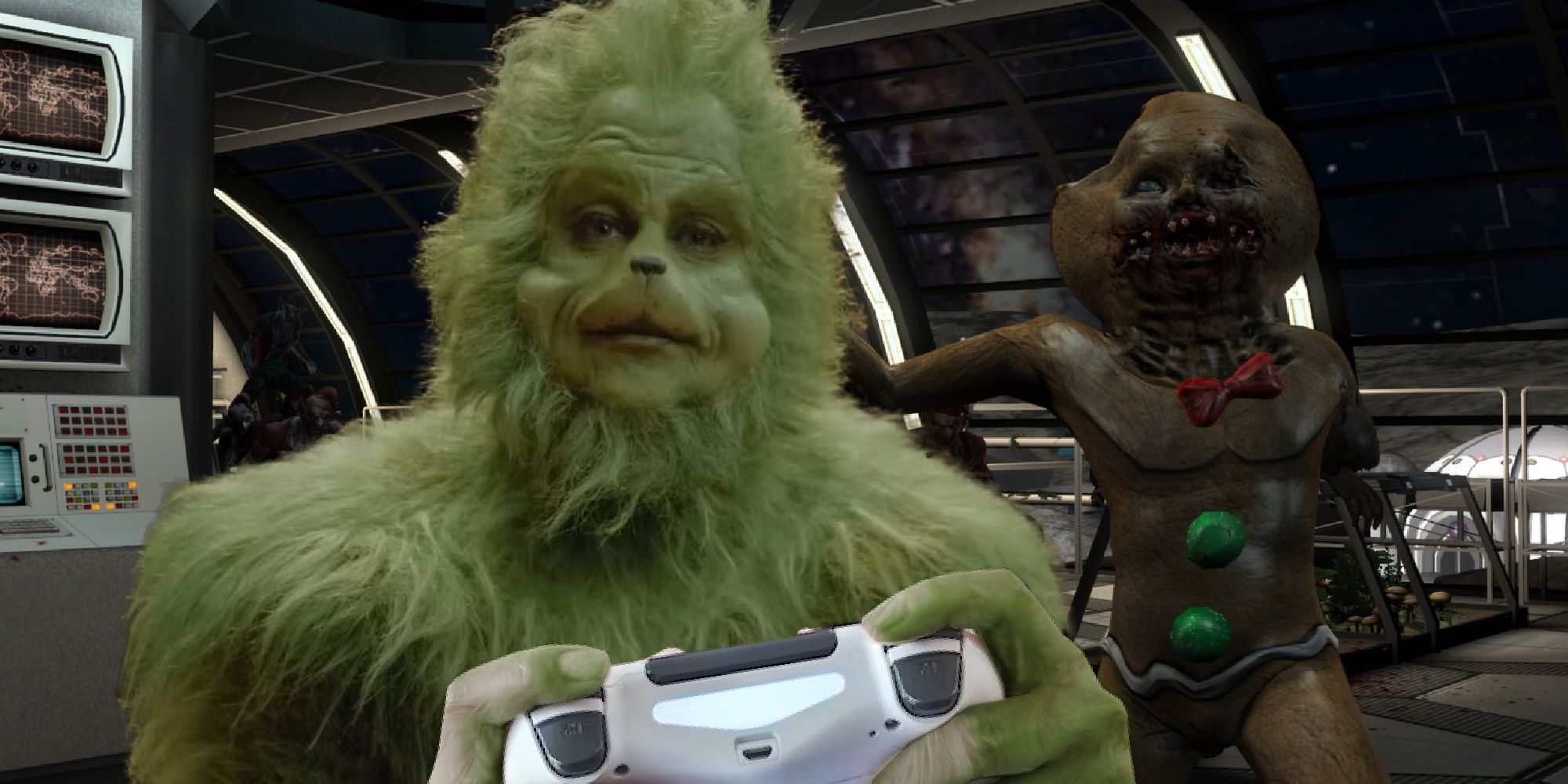 The Grinch holding a PlayStation controller in front of a gingerbread zombie from Killing Floor