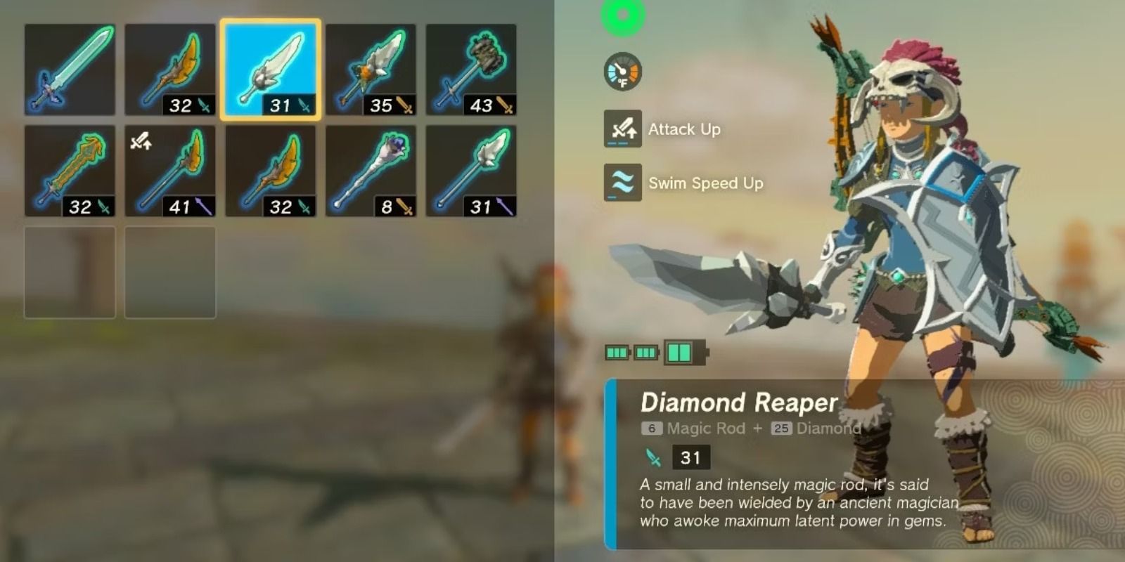 The Legend Of Zelda – Tears of the Kingdom Diamond Reaper wird auf dem Waffeninventarbildschirm angezeigt