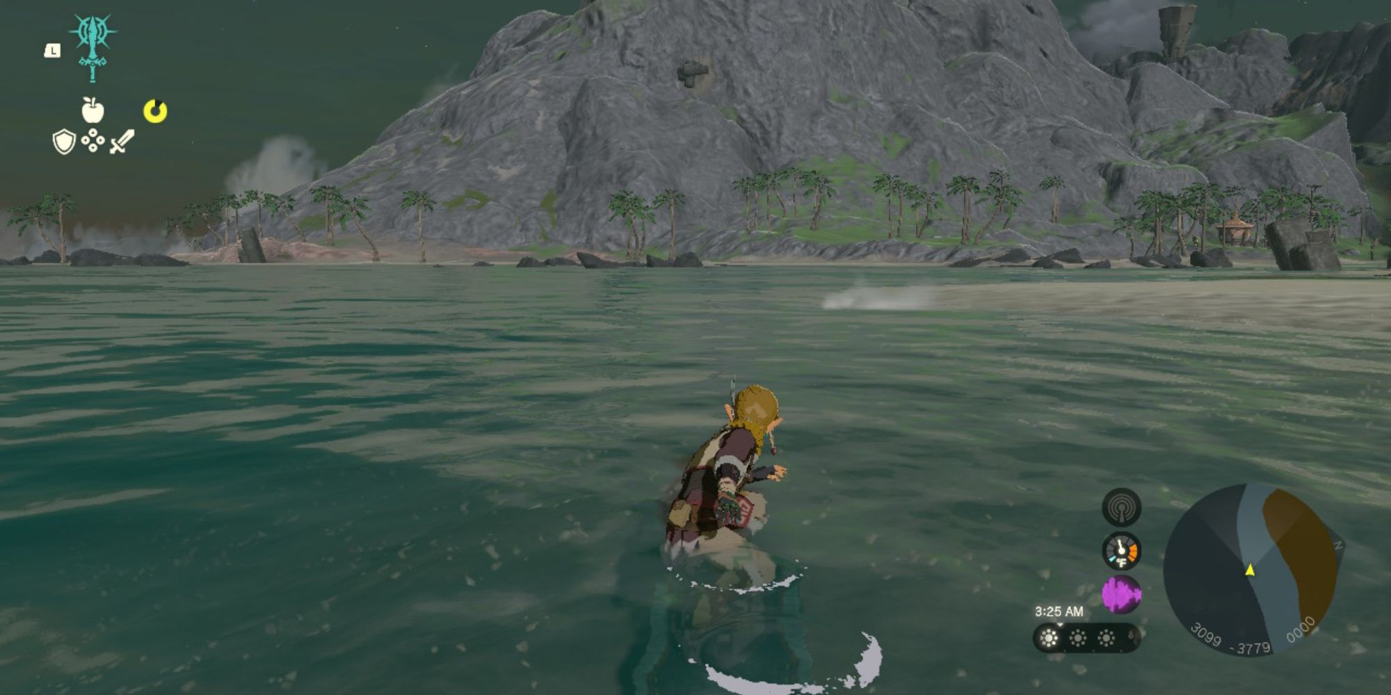 The Legend of Zelda Tears of the Kingdom Link Shield Surfing along the shoreline in Lurelin Village