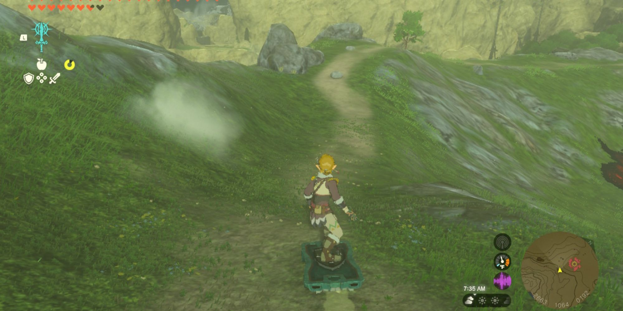 The Legend of Zelda Tears of the Kingdom Link Shield Surfing from Mount Rhoam with a cart fused to a shield