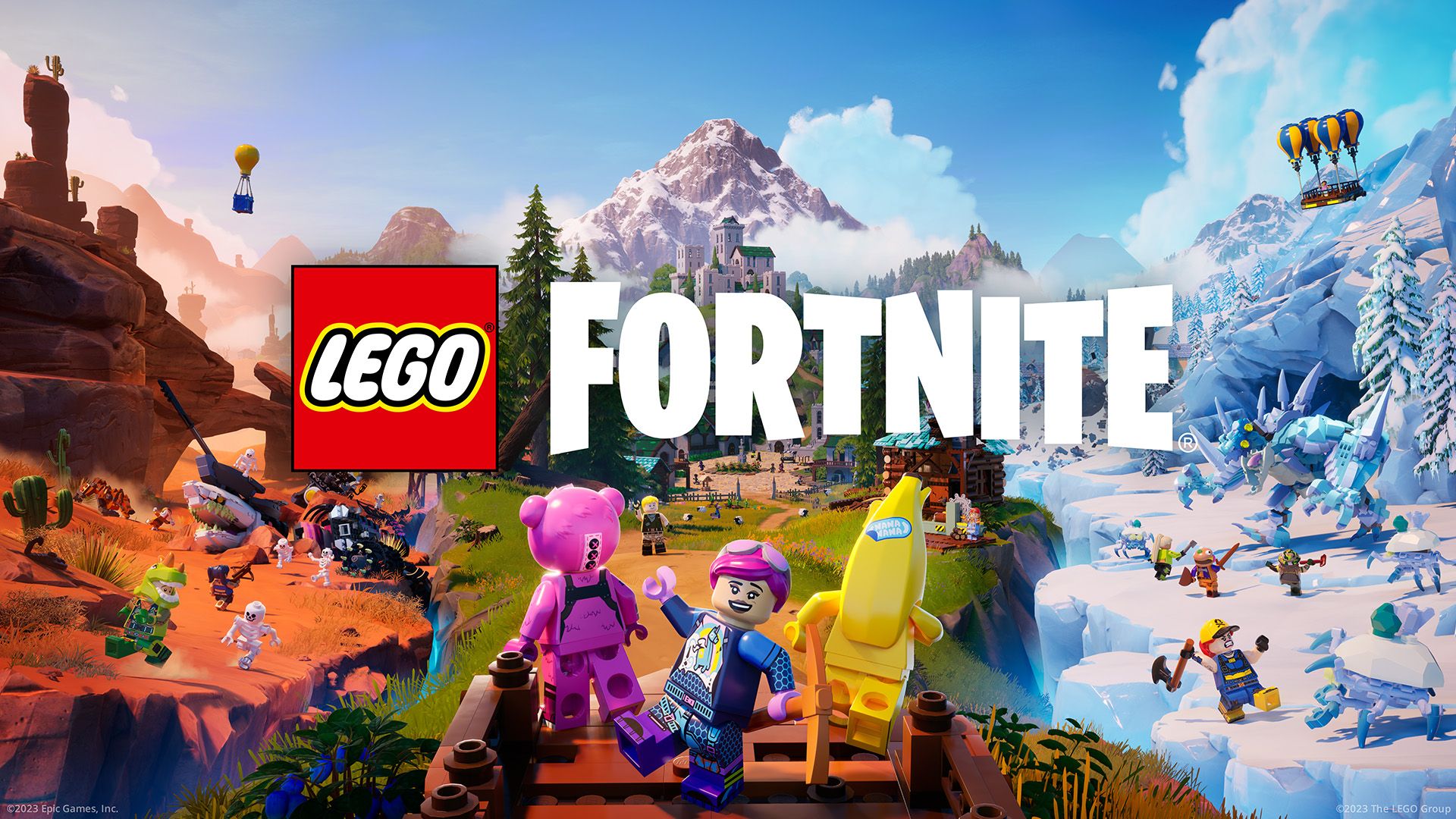The Lego Fortnite key artwork showing three characters against a backdrop image split of the three different biomes.