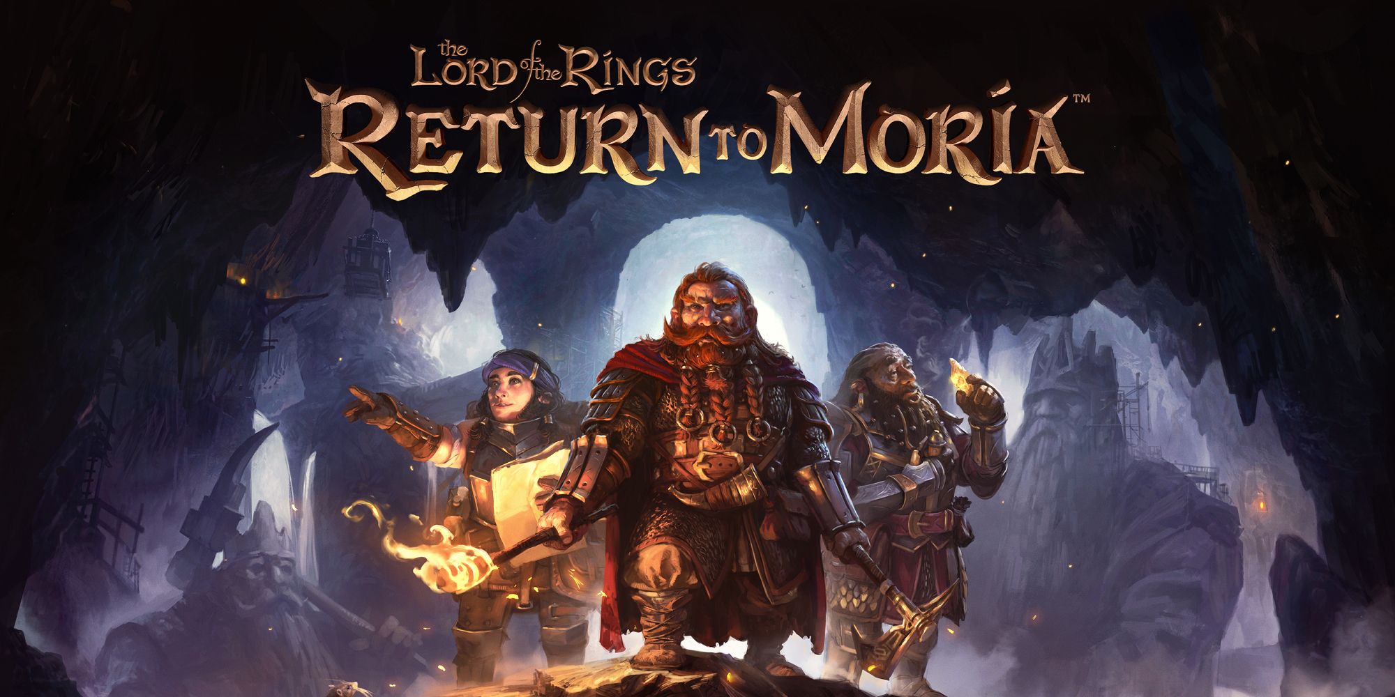 The Lord Of Rings Return To Moria Title Showing A Trio Of Dwarves