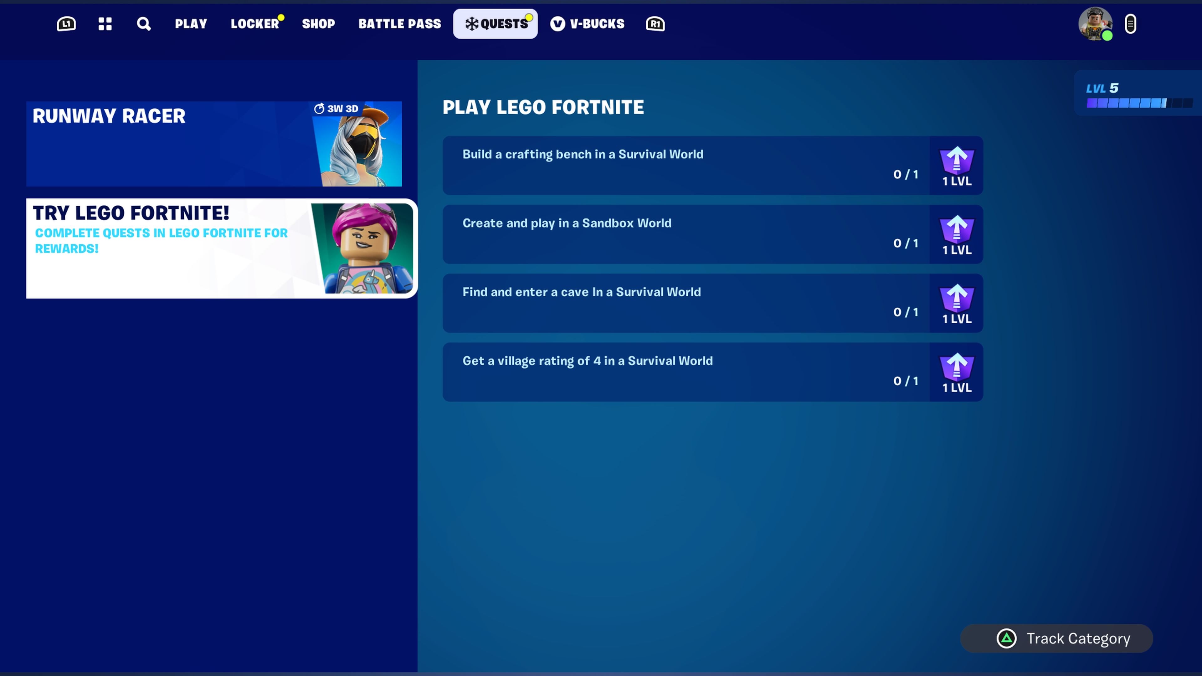 The menu list of the Lego Fortnite quests.