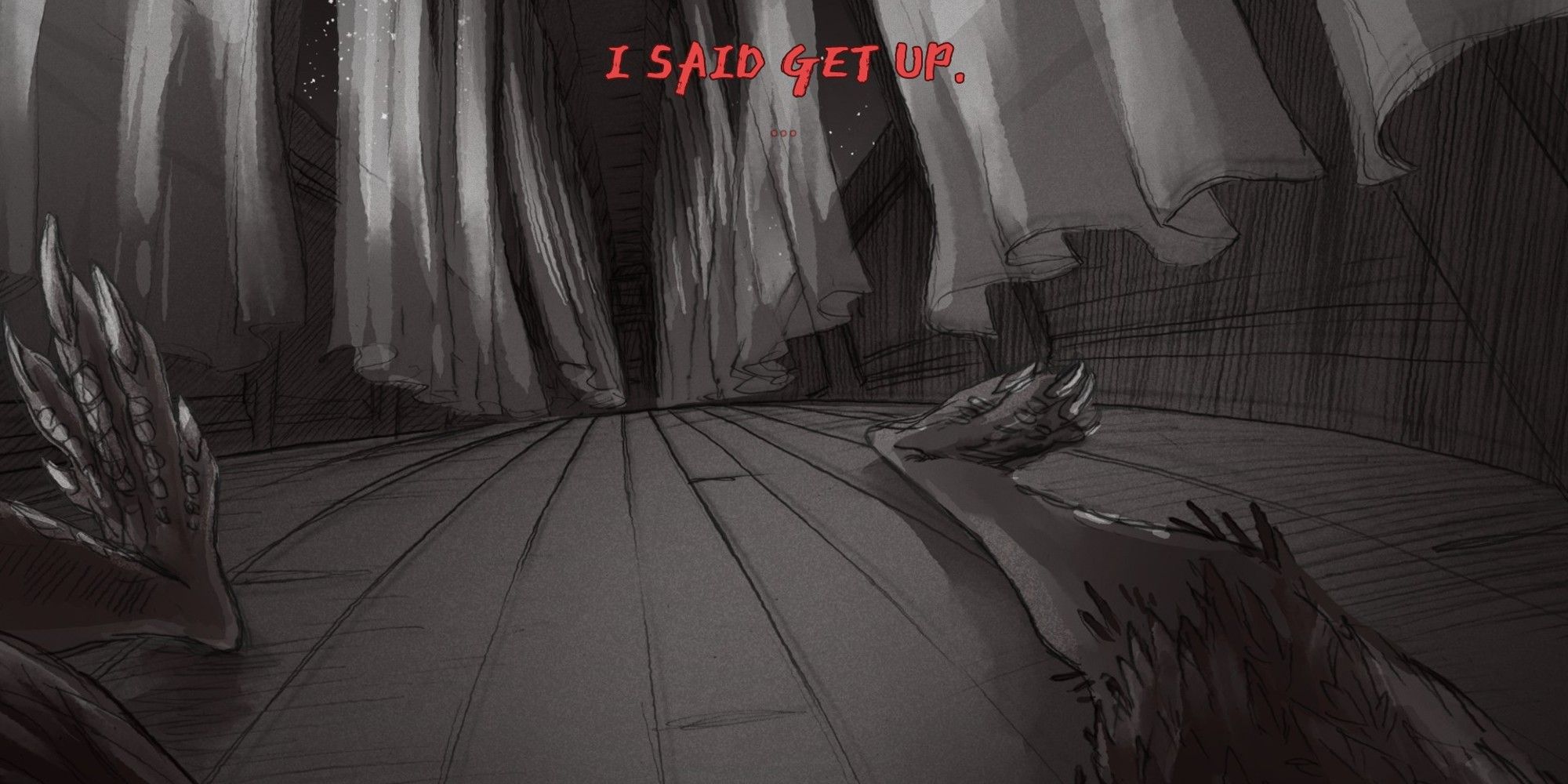 The Player in Slay the Princess with his bird legs out in front of him in the hallway. The words I Said Get Up are written in red across the top of the screen