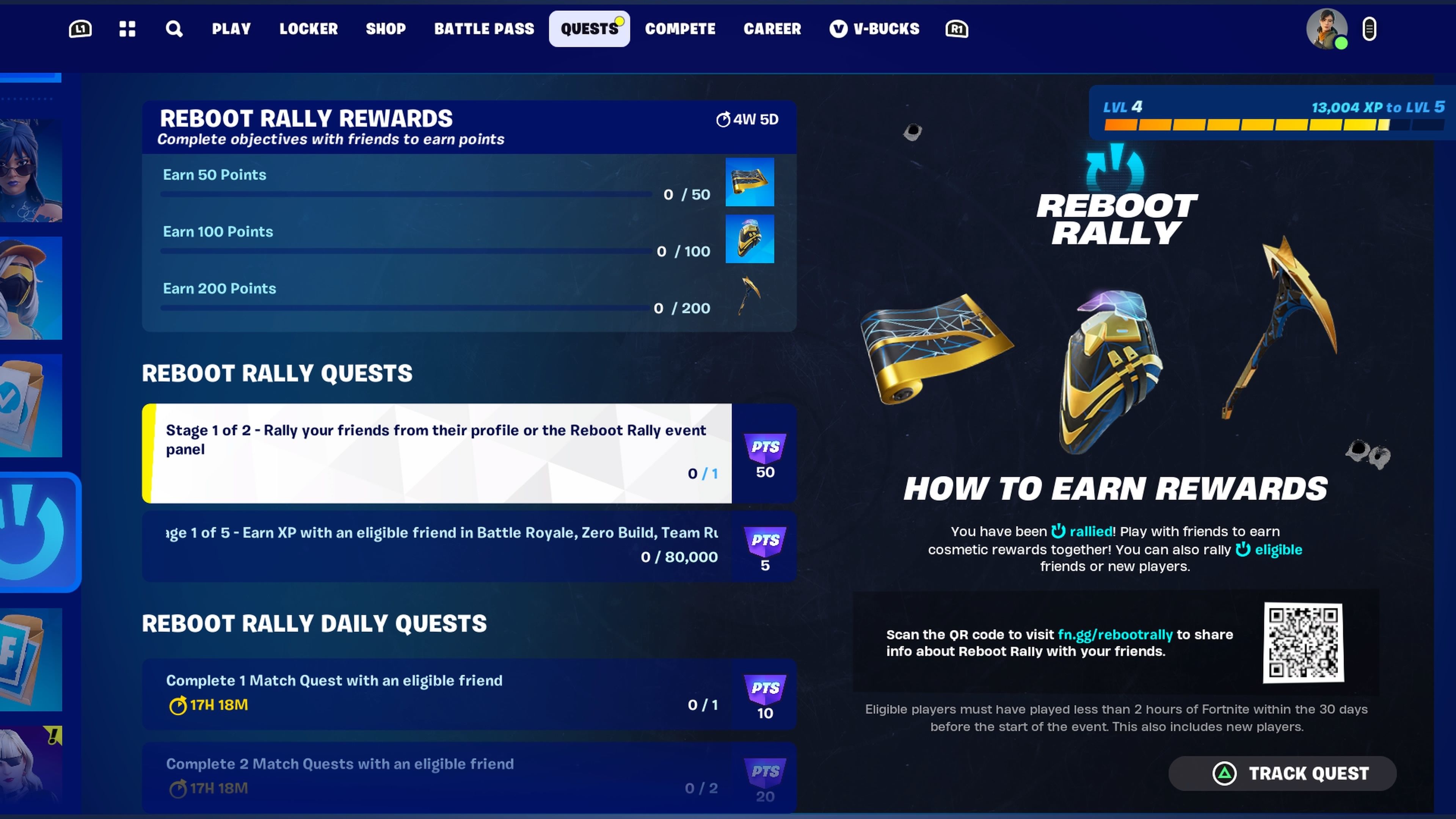 The Reboot Rally rewards and quest menu in the Lobby of Fortnite.