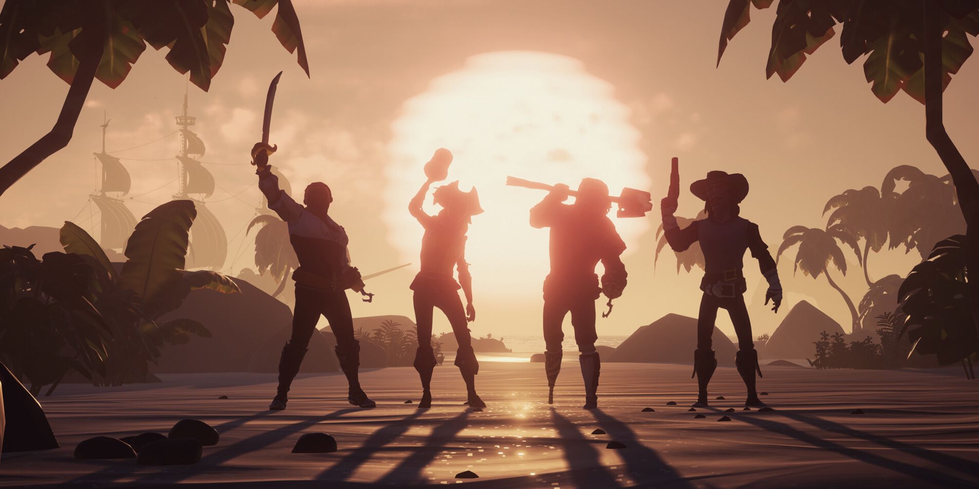 The silhouette of four pirates as they raise their sworsd and grog mugs to the air as the sun sets in Sea of Thieves.
