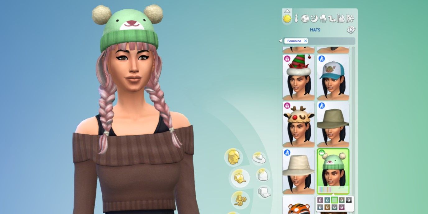 The Sims 4:A sim in the CAS menu and a highlighted knitted item in CAS