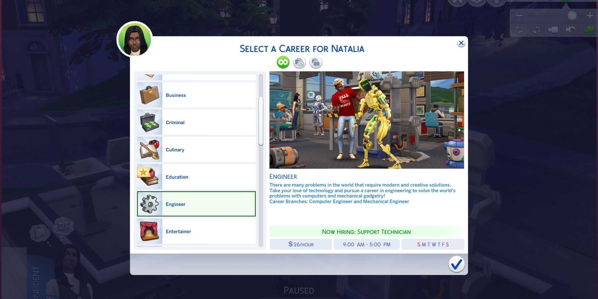 Das Jobfenster in Die Sims 4 zeigt die Details zur Ingenieurkarriere.