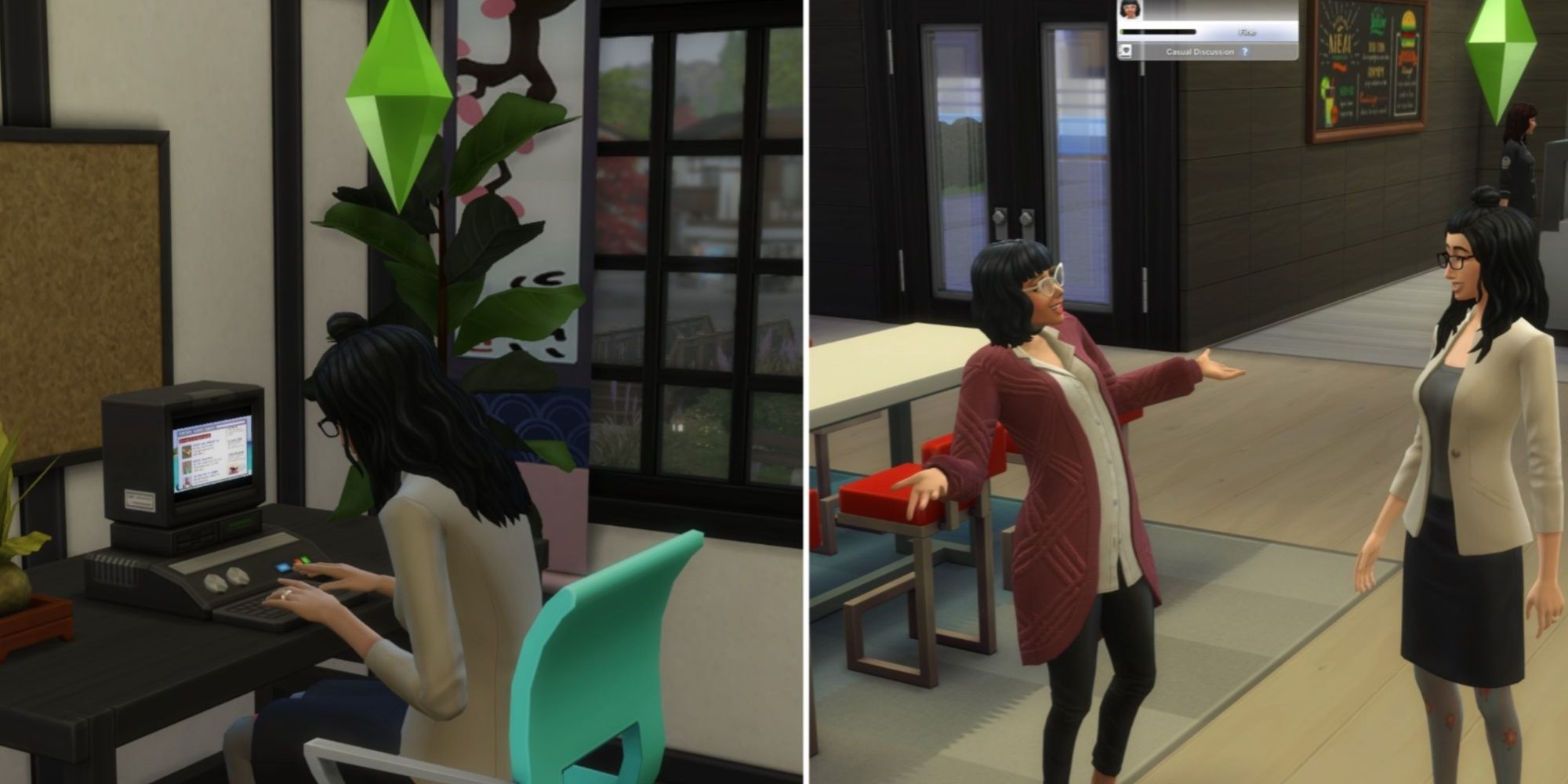 The Sims 4: A split image of a sim at a computer on the left and a sim speaking to another sim on the right