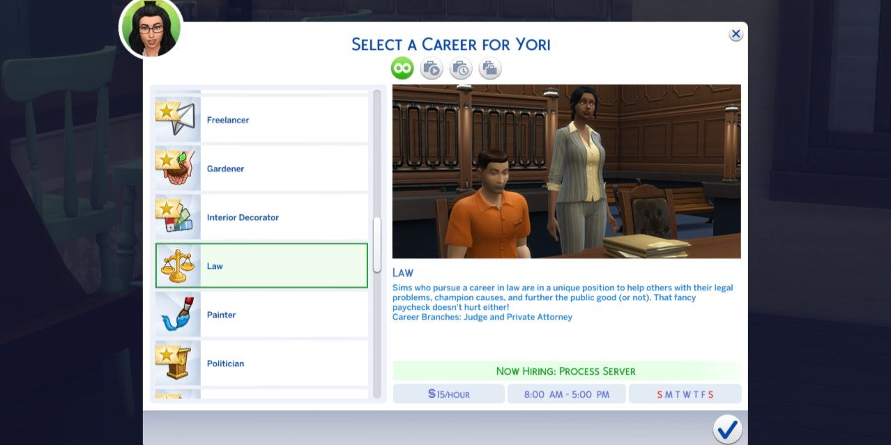 The Sims 4: An image of the Law Career in the sims' phone menu
