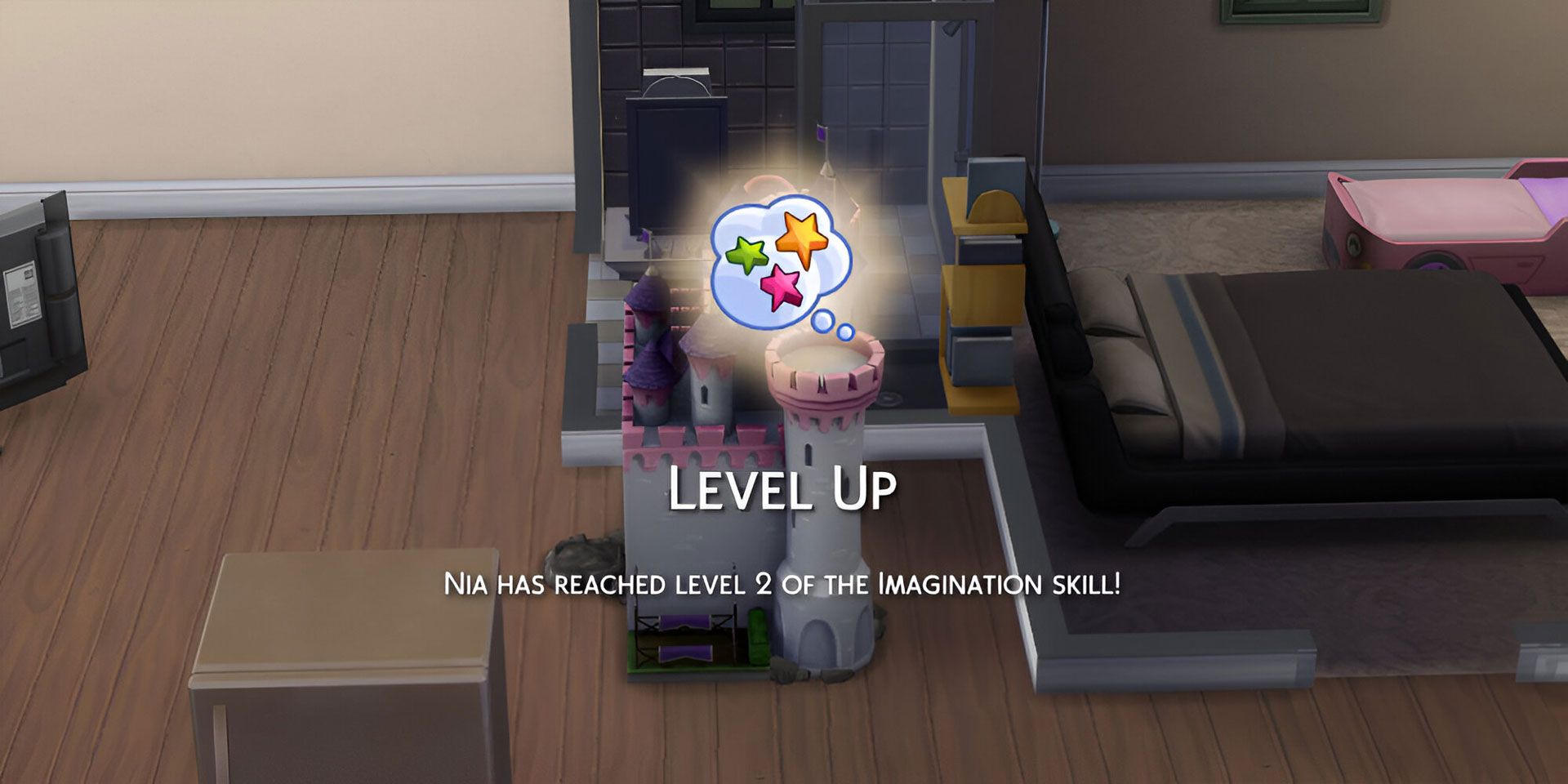 The Level Up banner screen for the Imagination skill in The Sims 4.