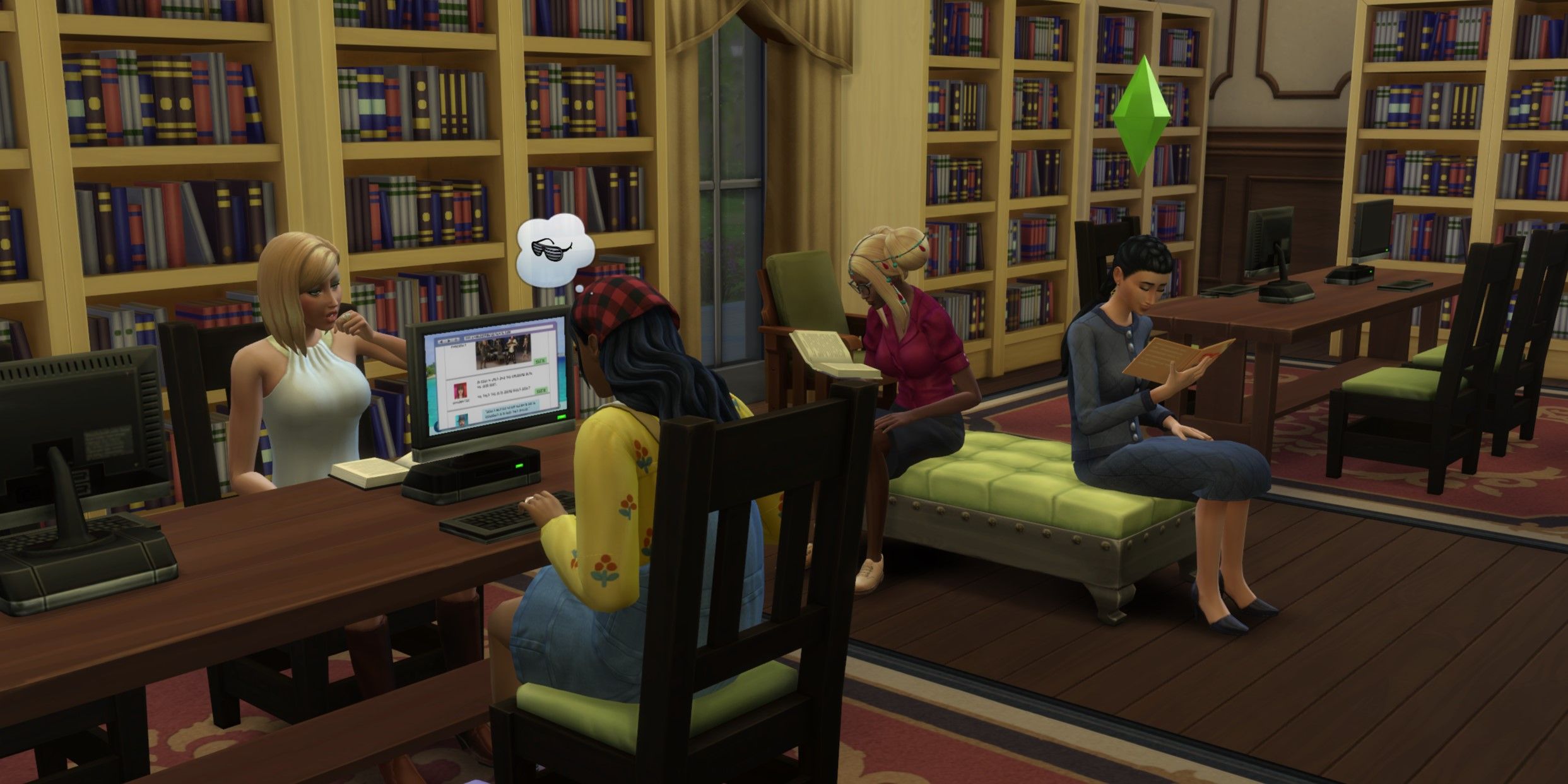 The Sims 4: An image of four sims studying in a library 