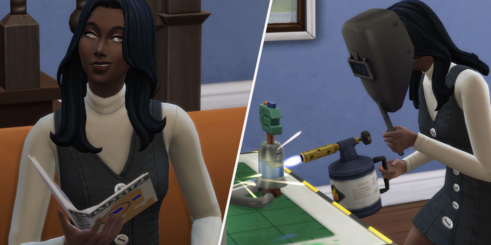 Ein in zwei Teile geteiltes Bild, das zwei Szenen in Die Sims 4 zeigt. Auf der linken Seite ist eine Sim-Frau zu sehen, die selbstgefällig lächelt und ein Buch in der Hand hält.  Auf der rechten Seite schweißt dieselbe Sim-Frau mit einer Hand etwas, während sie mit der anderen Hand eine Schweißmaske vor ihr Gesicht hält.
