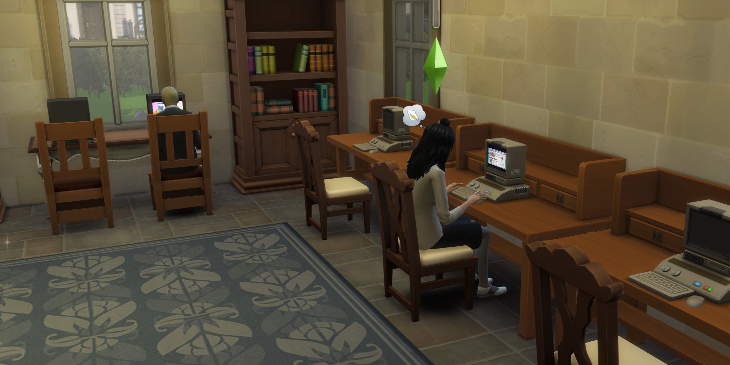 The Sims 4: An image of a Sim studying at a Research Computer