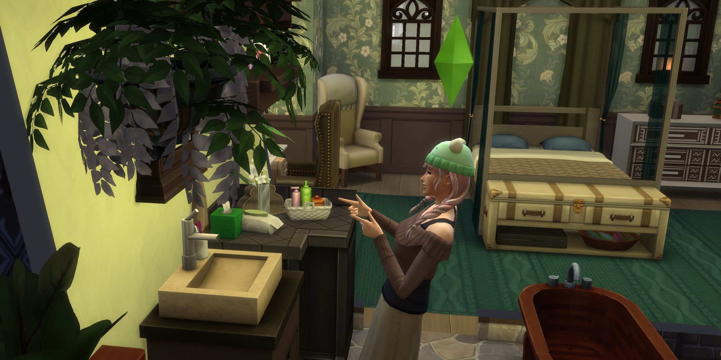 The Sims 4: A sim pointing finger guns at a mirror