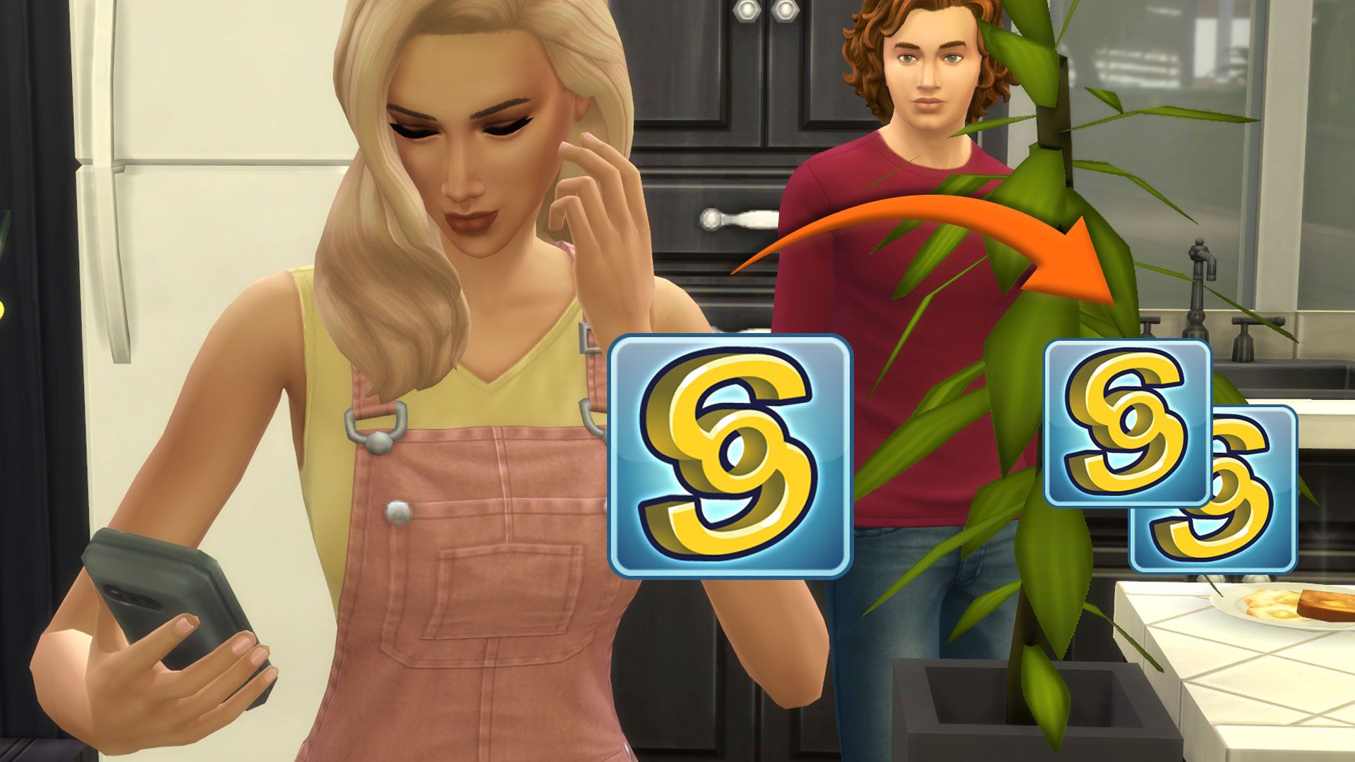A female Sim is using her phone, a male Sim stares at her from a few steps behind. The symbol for the Simoleon is overlapping the scene in the form of an icon while an arrow points to the same symbol, now smaller and duplicated.