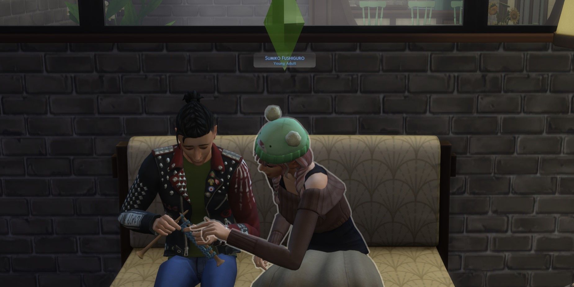 The Sims 4: one sim teaching another sim to knit