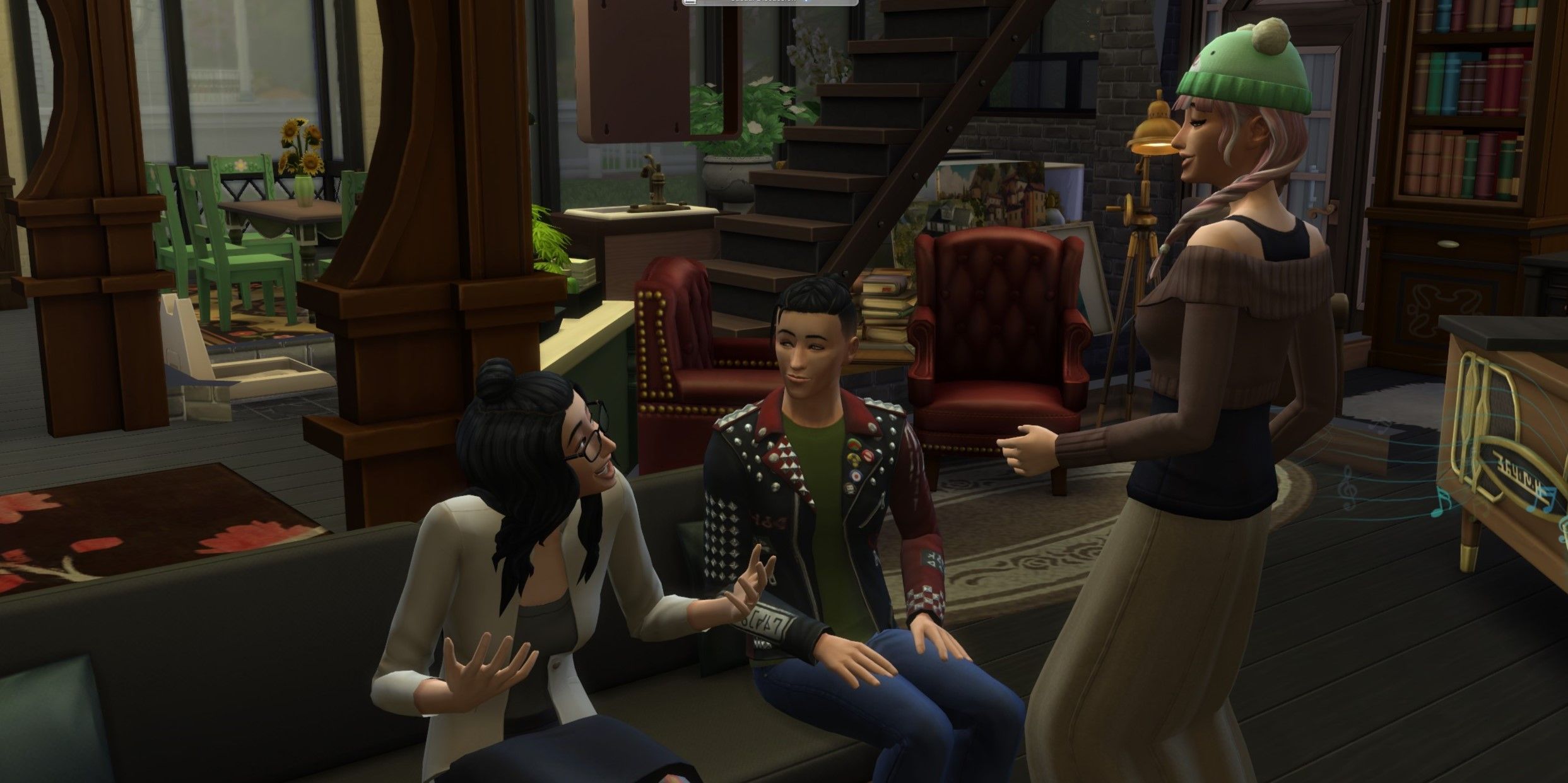 The Sims 4: an image of three Sims Chatting