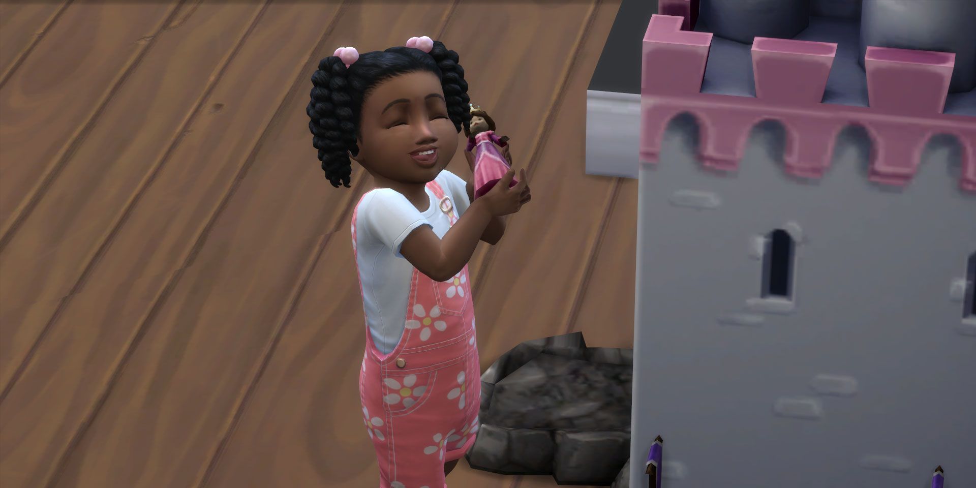 A toddler playing with a princess doll in The Sims 4.