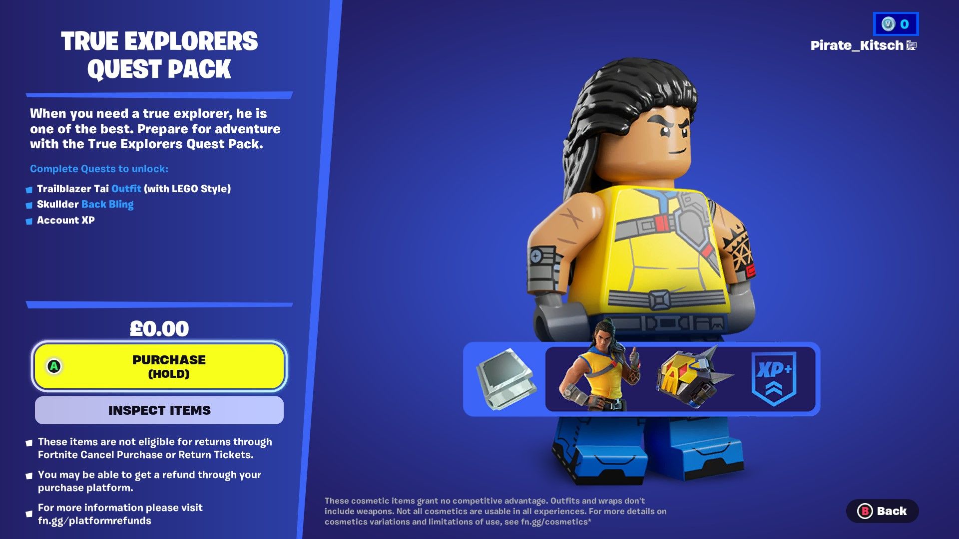 The True Explorers Quest Pack confirmation purchase screen in Fortnite.