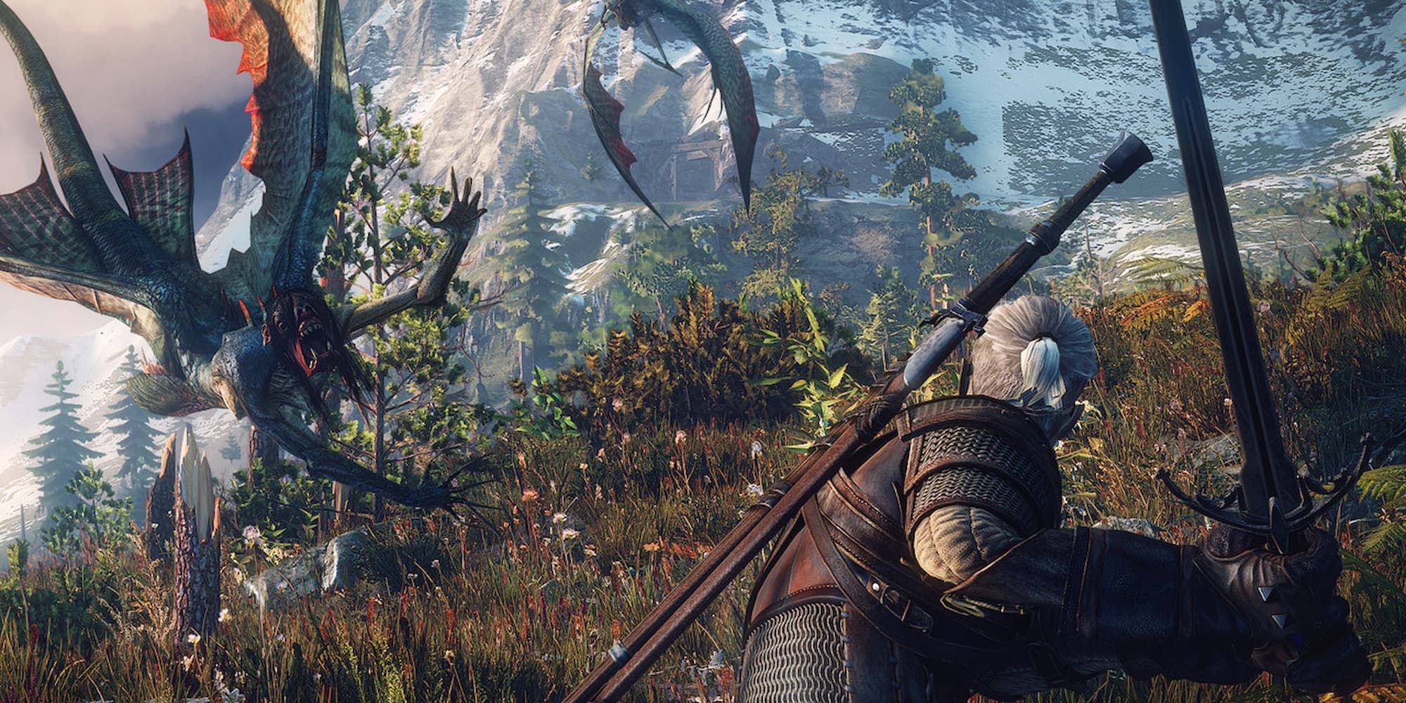 Geralt stands with a sword, ready to strike a winged creature in The Witcher 3: Wild Hunt.