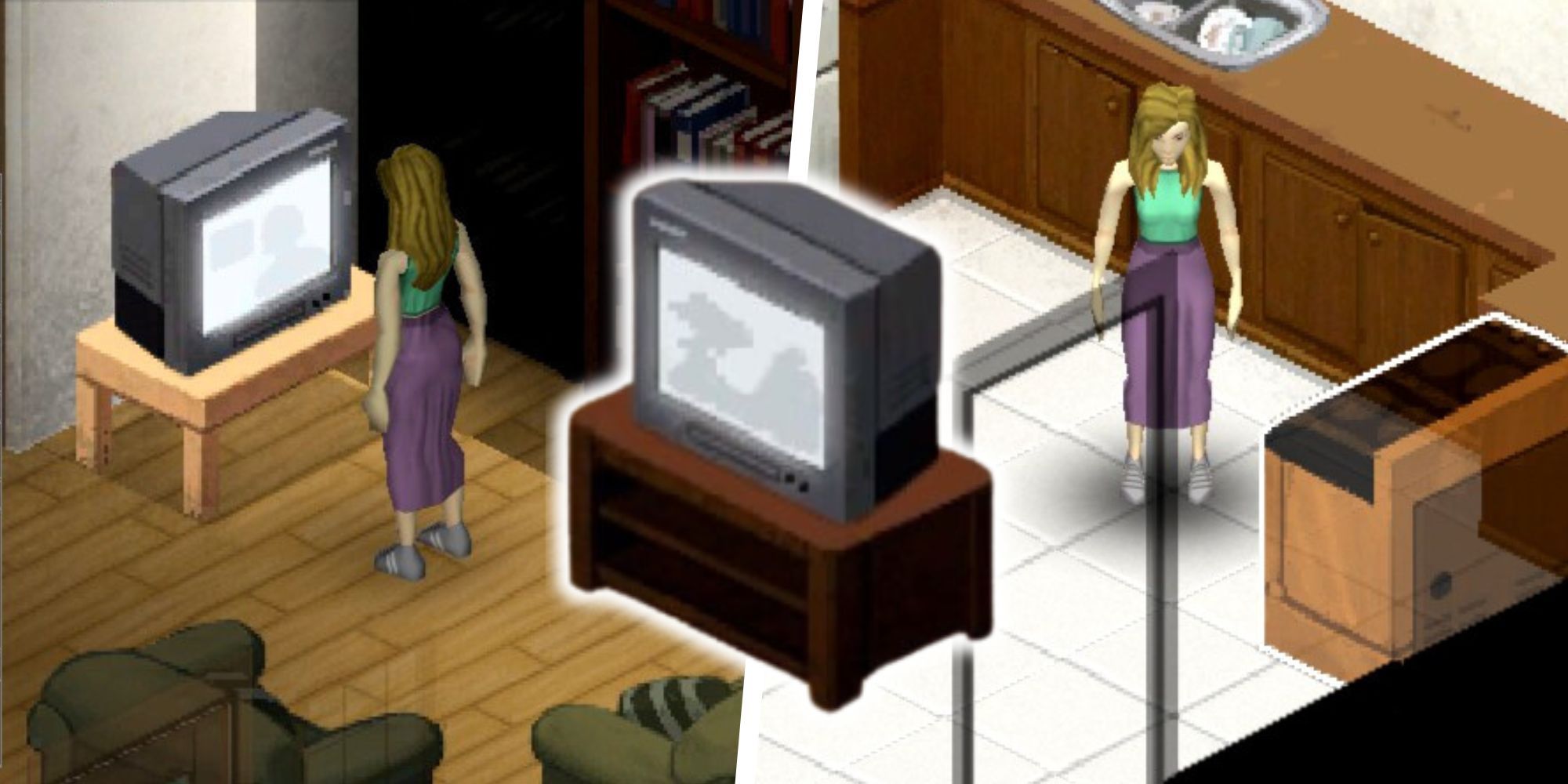 split image of player watching zomboid tv and cooking