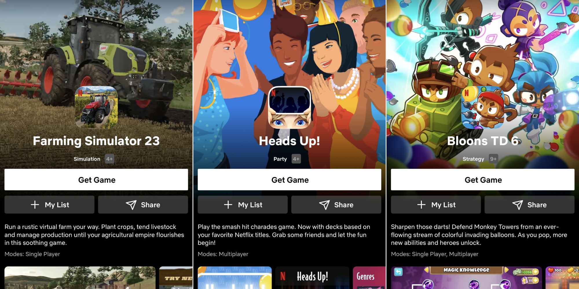Netflix Mobile Games split image featuring Farming Similar 23, Heads Up!, and Bloons TD 6
