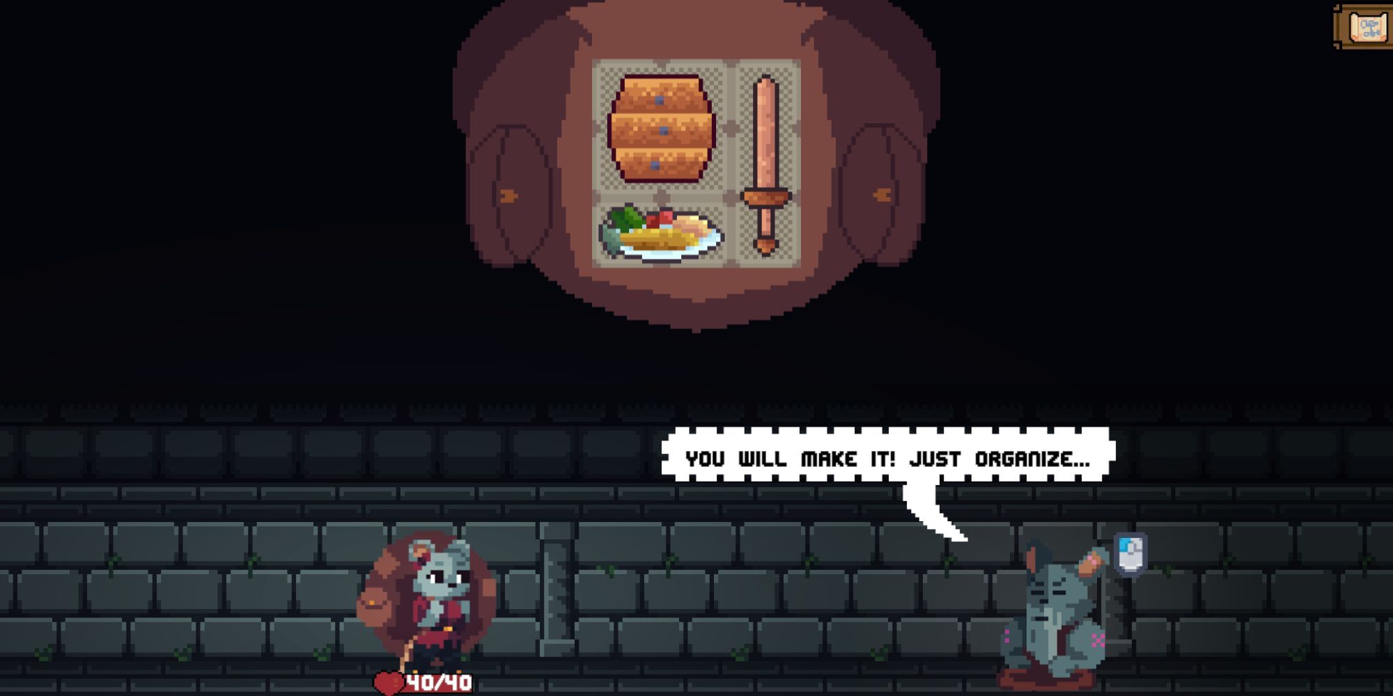 A wise mouse gives advice to the Backpack Hero in a dark cellar