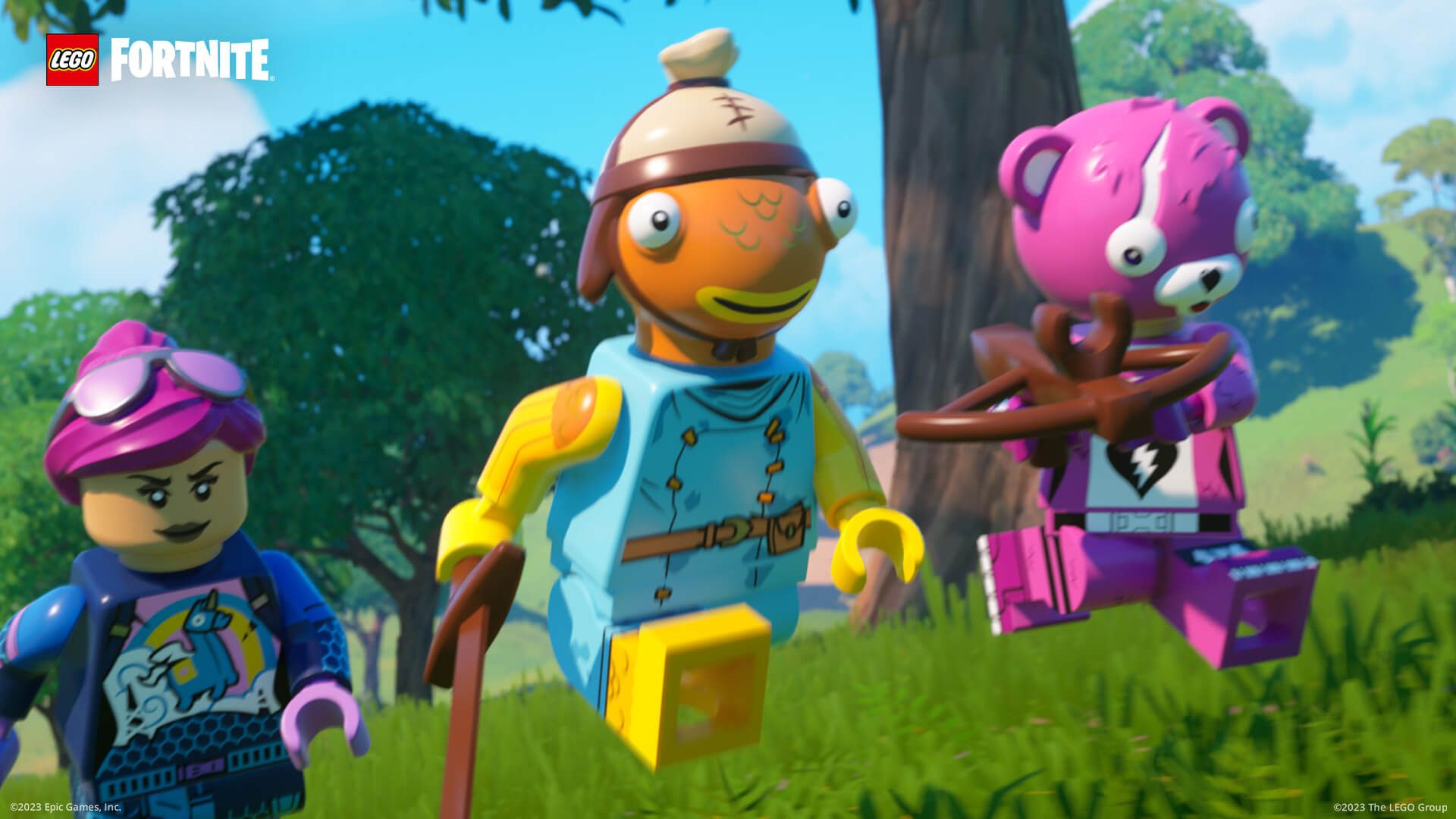 Three Lego Fortnite characters running towards the screen.
