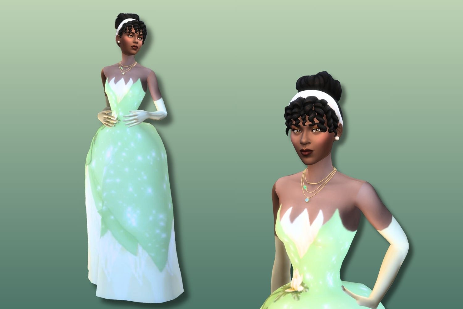 A Sim that looks like Tiana from Disney's The Princess and The Frog is shown in front of a green background.