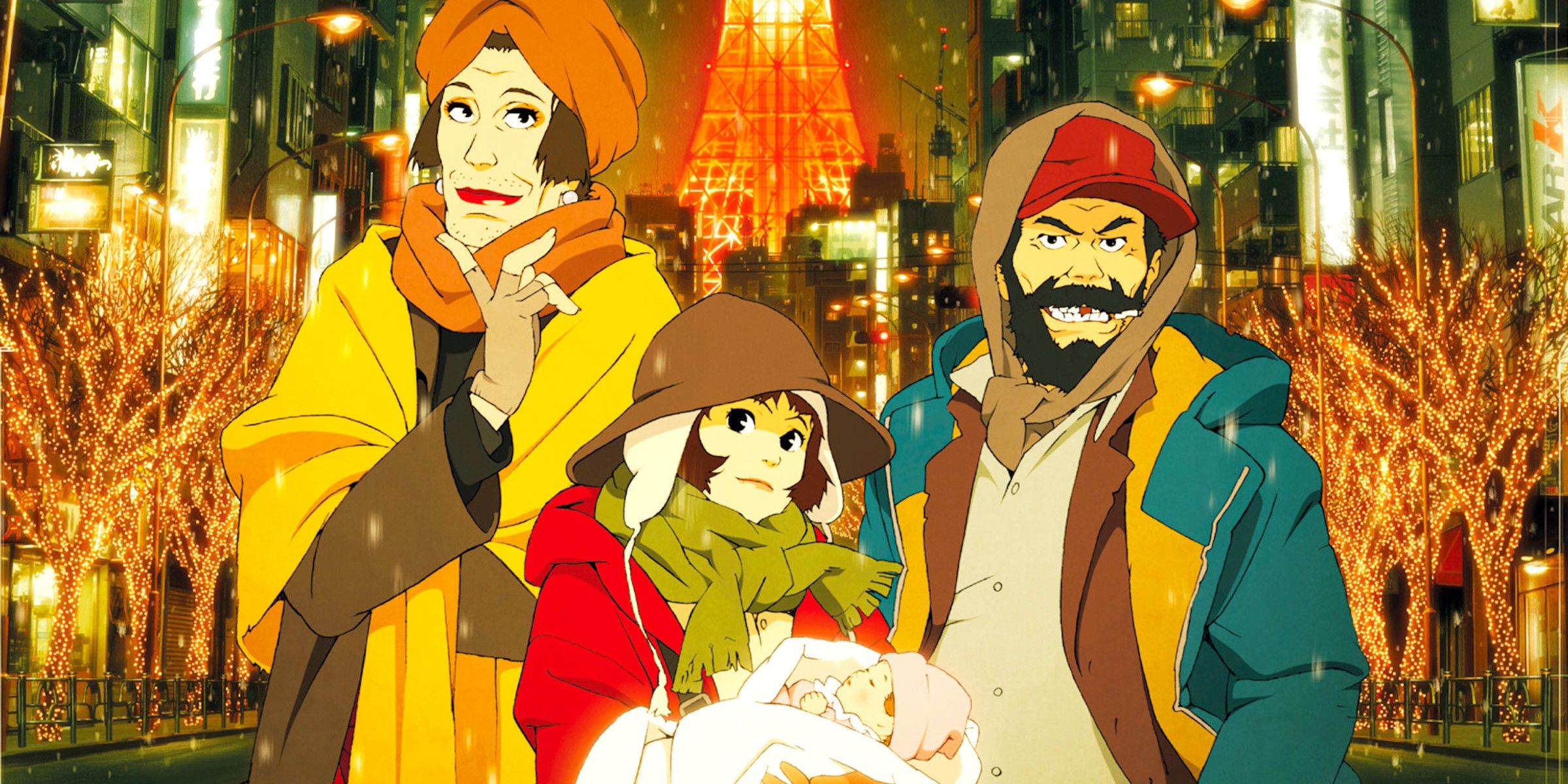 Promo image of Tokyo Godfathers showing the main characters standing together.