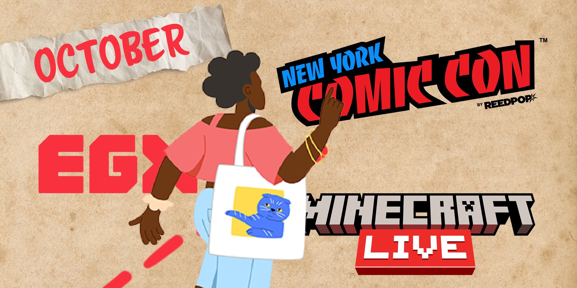 Traveler on a map with a cat bag walking toward New York comic-con past EGX and Minecraft Live with the month October in the top left